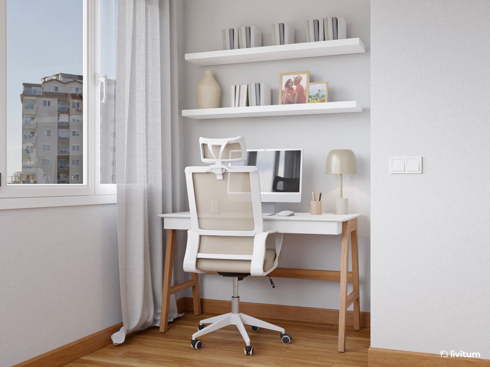 Salón comedor de 25 m² de estilo nórdico con zona de escritorio