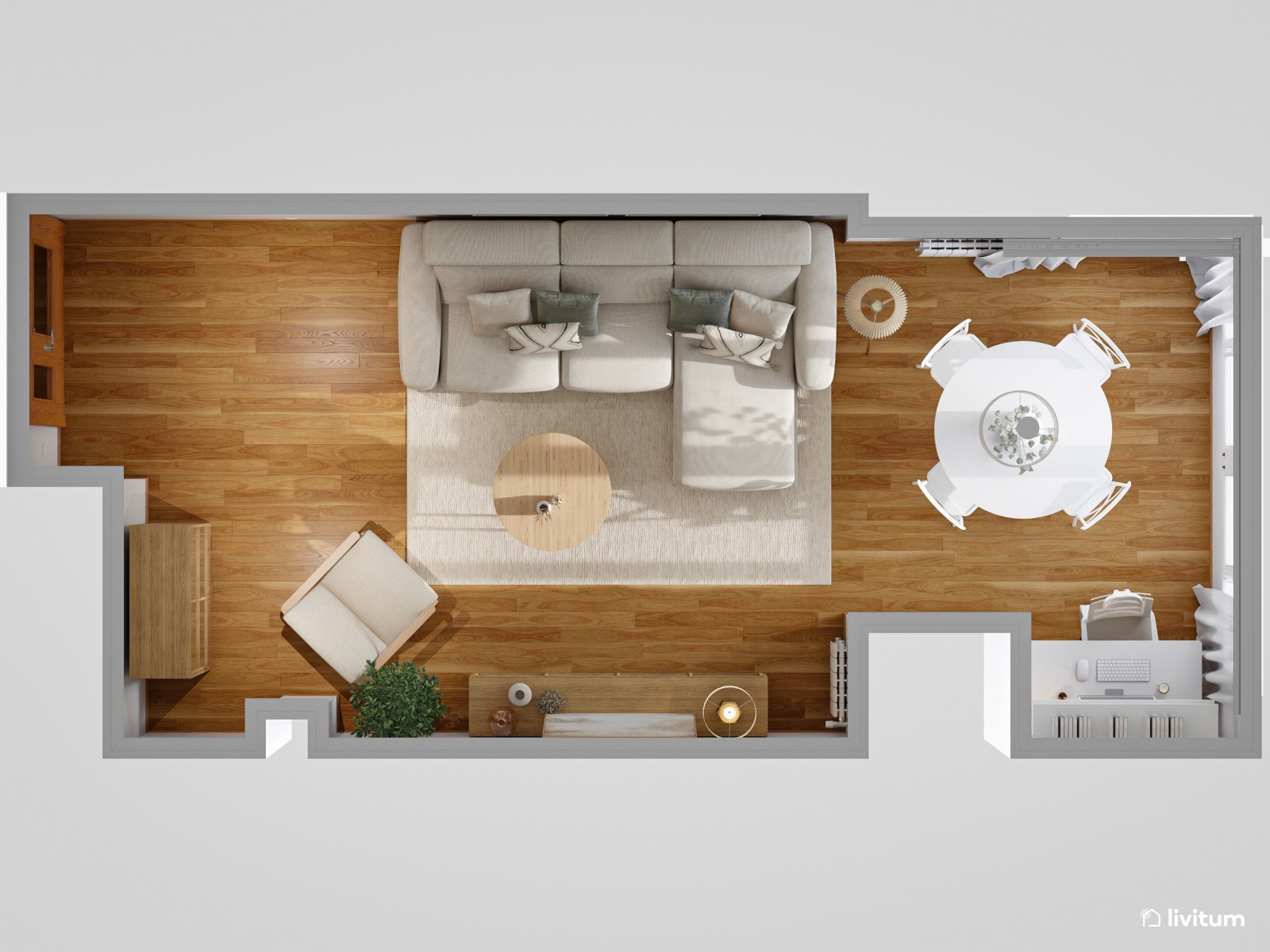 Salón comedor de 25 m² de estilo nórdico con zona de escritorio