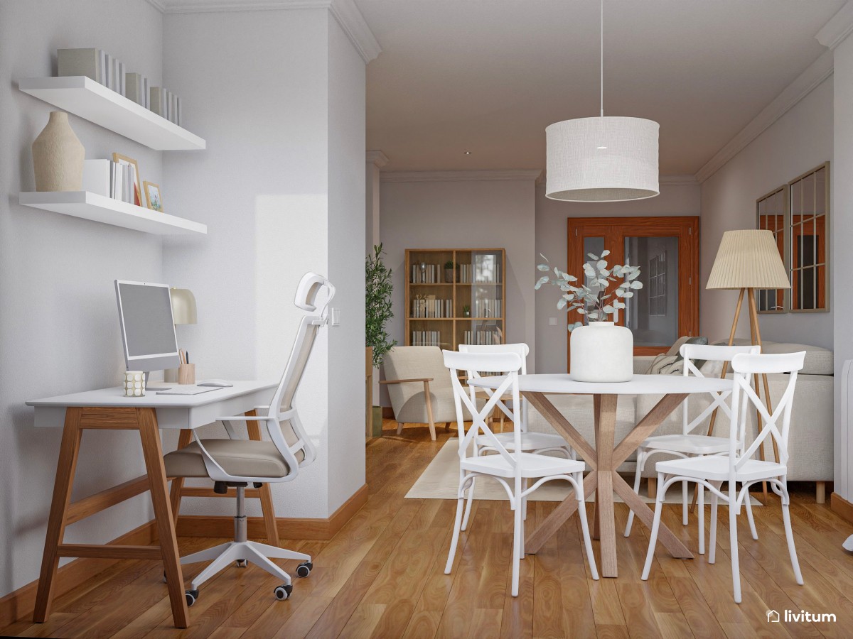 Salón comedor de 25 m² de estilo nórdico con zona de escritorio