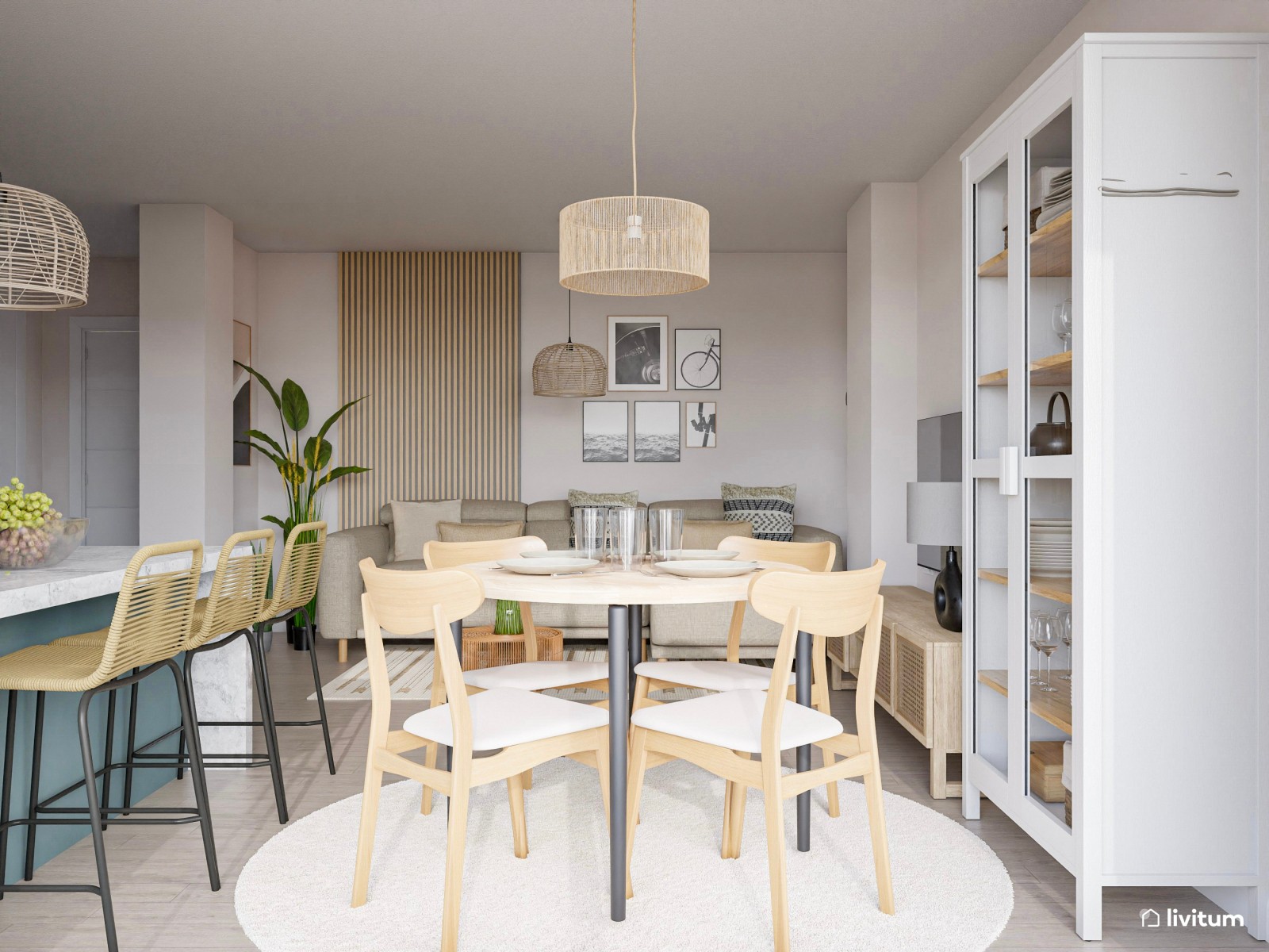 Salón comedor de 28 m² con atrevida cocina en verde