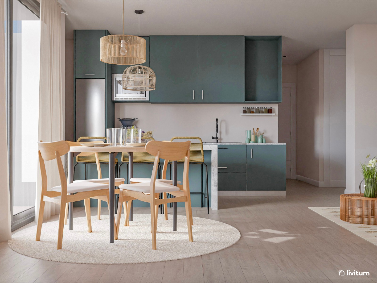 Salón comedor de 28 m² con atrevida cocina en verde