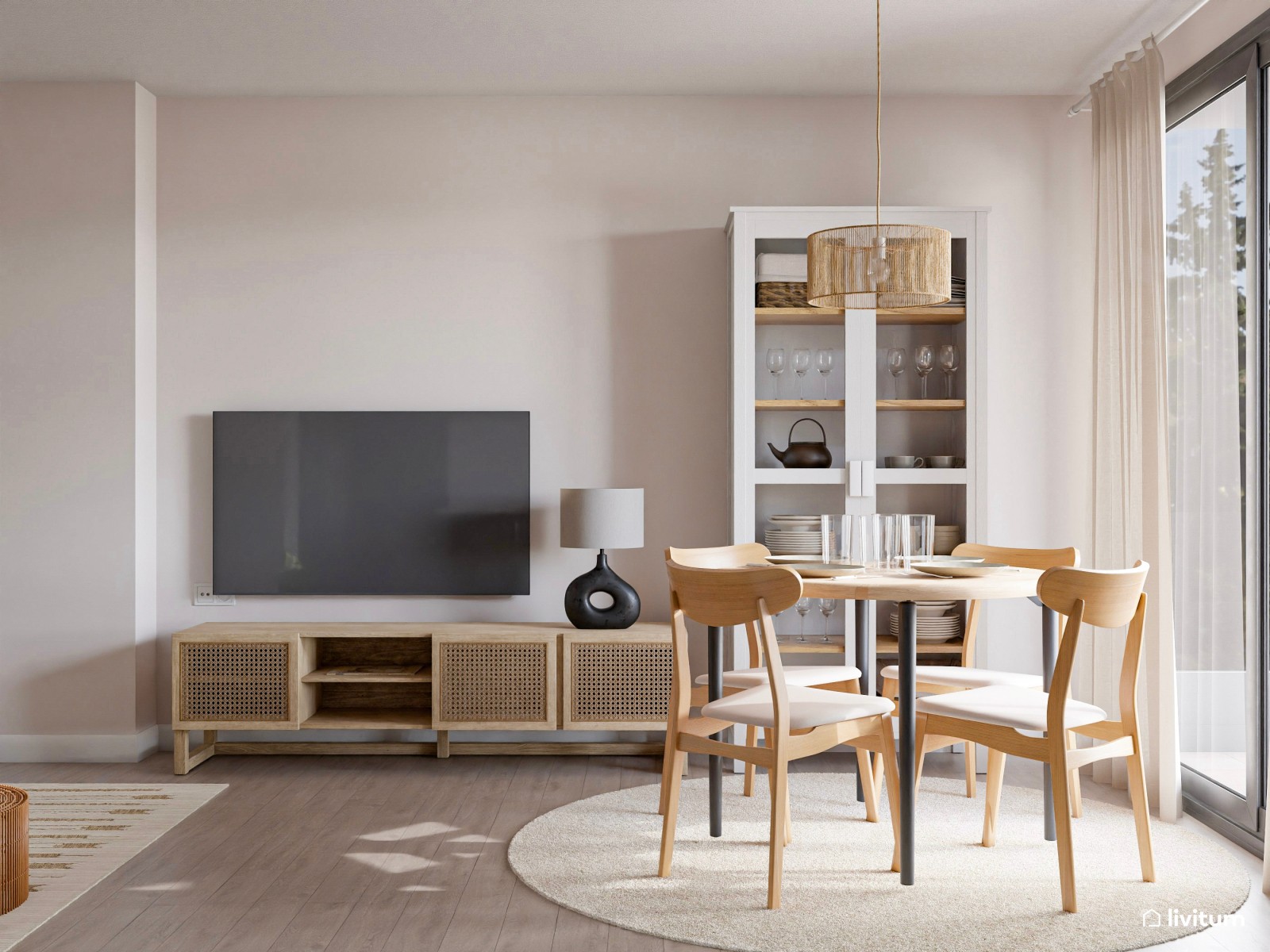 Salón comedor de 28 m² con atrevida cocina en verde