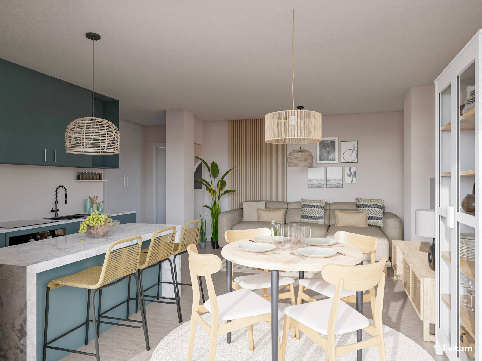 Salón comedor de 28 m² con atrevida cocina en verde