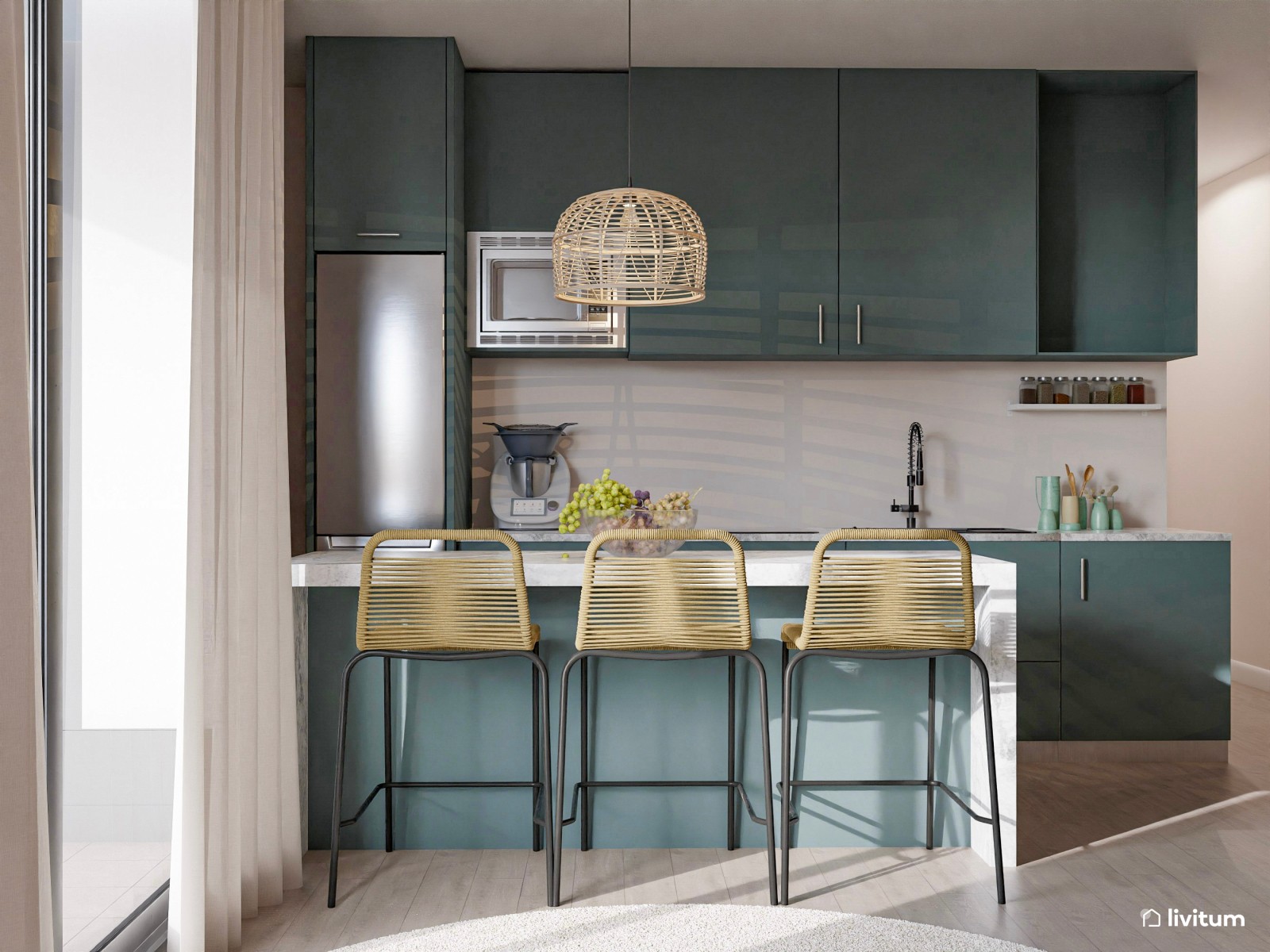 Salón comedor de 28 m² con atrevida cocina en verde