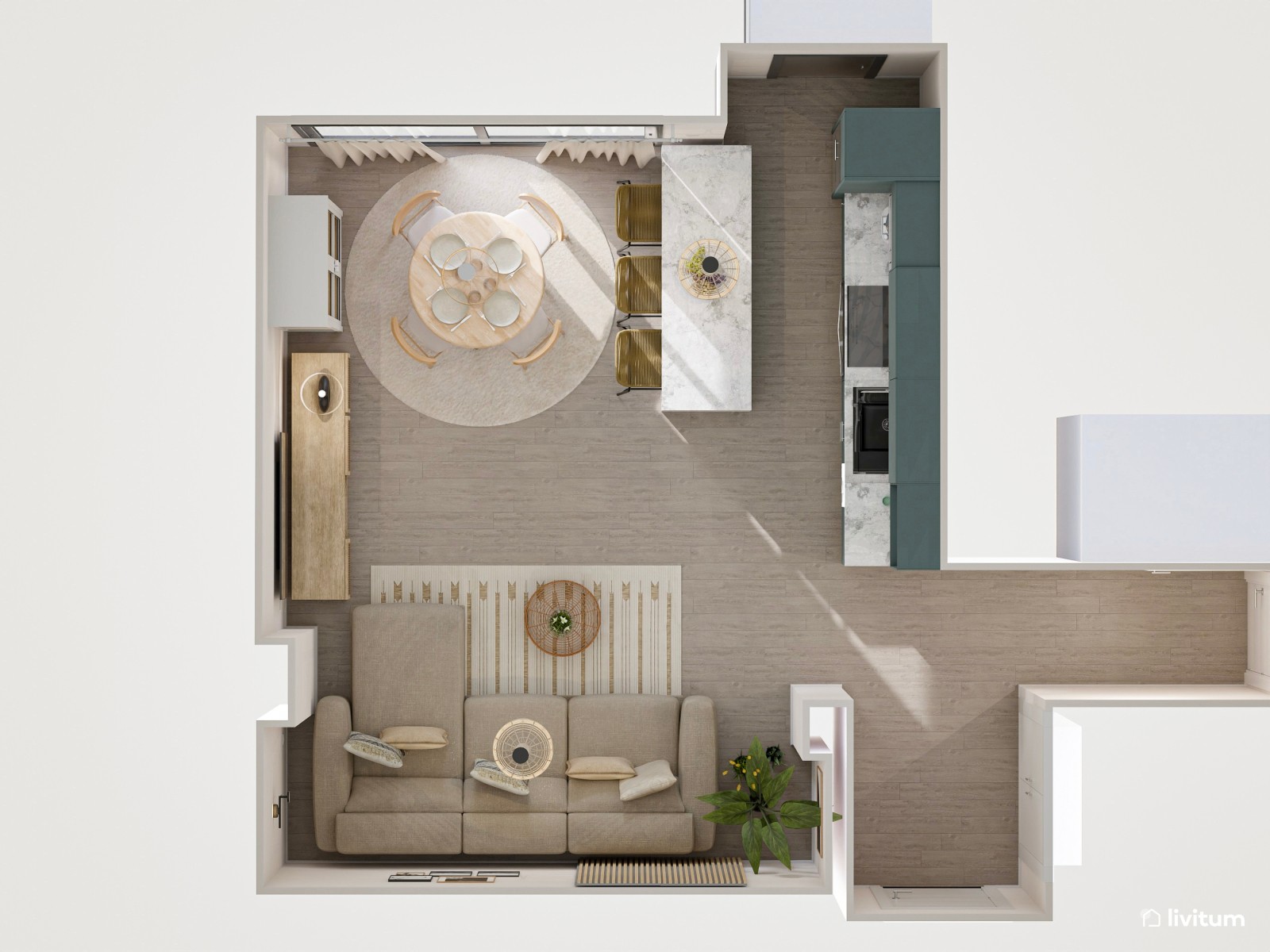 Salón comedor de 28 m² con atrevida cocina en verde