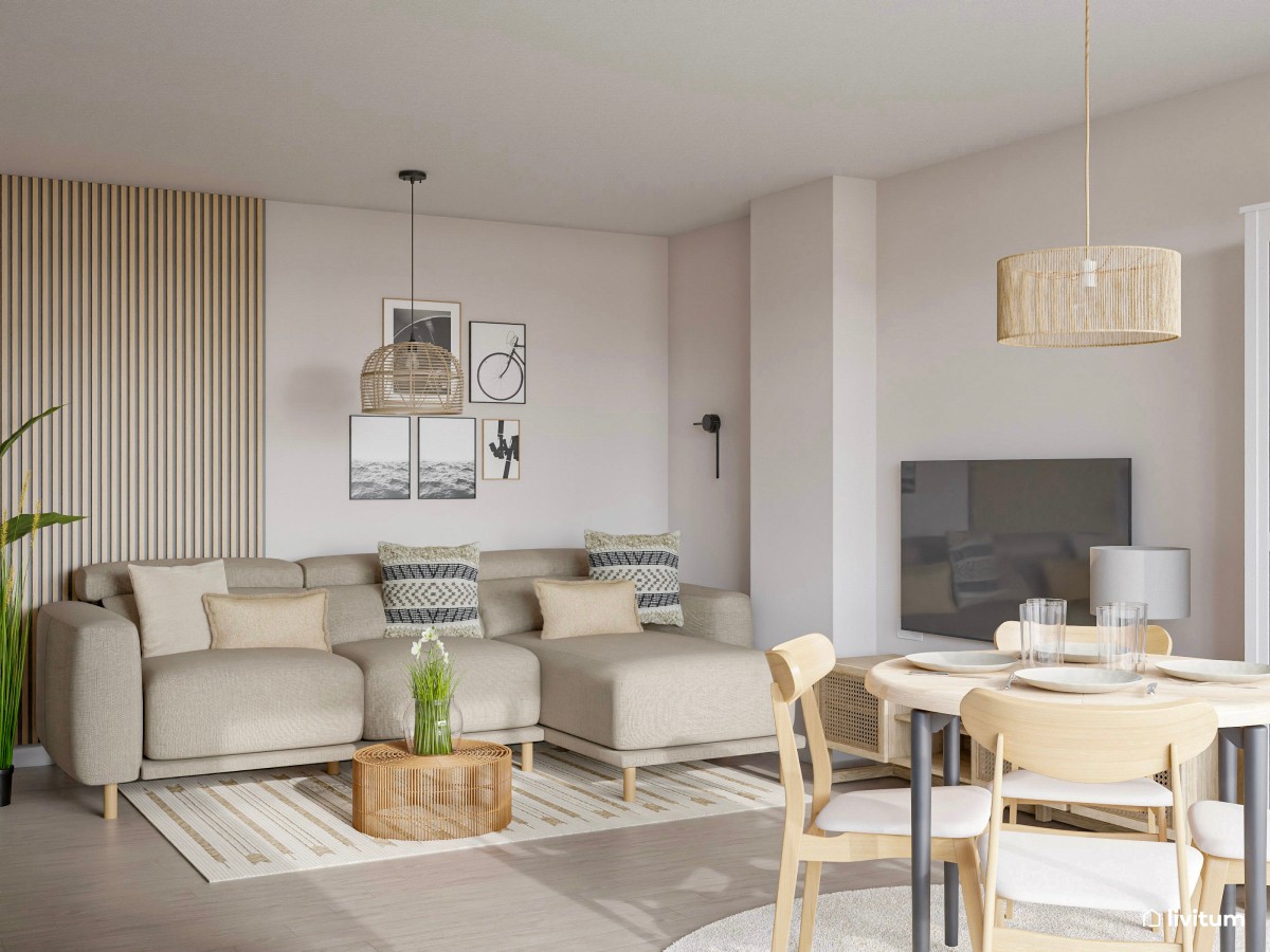 Salón comedor de 28 m² con atrevida cocina en verde