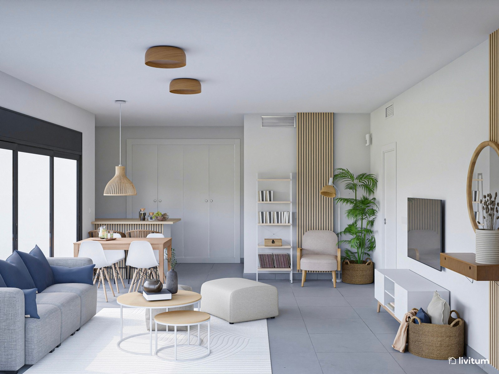 Salón comedor de aire contemporáneo y textiles azules