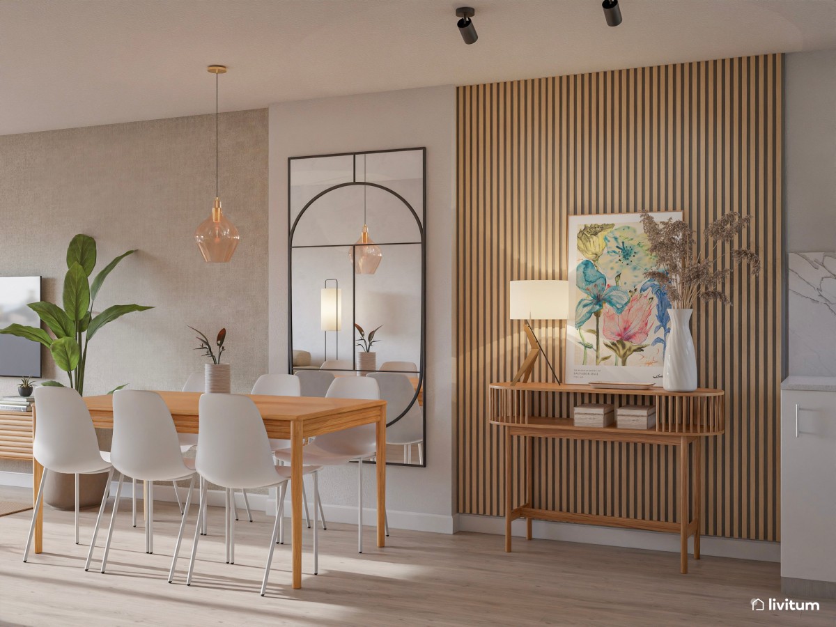 Salón comedor de diseño elegante con toques rústicos
