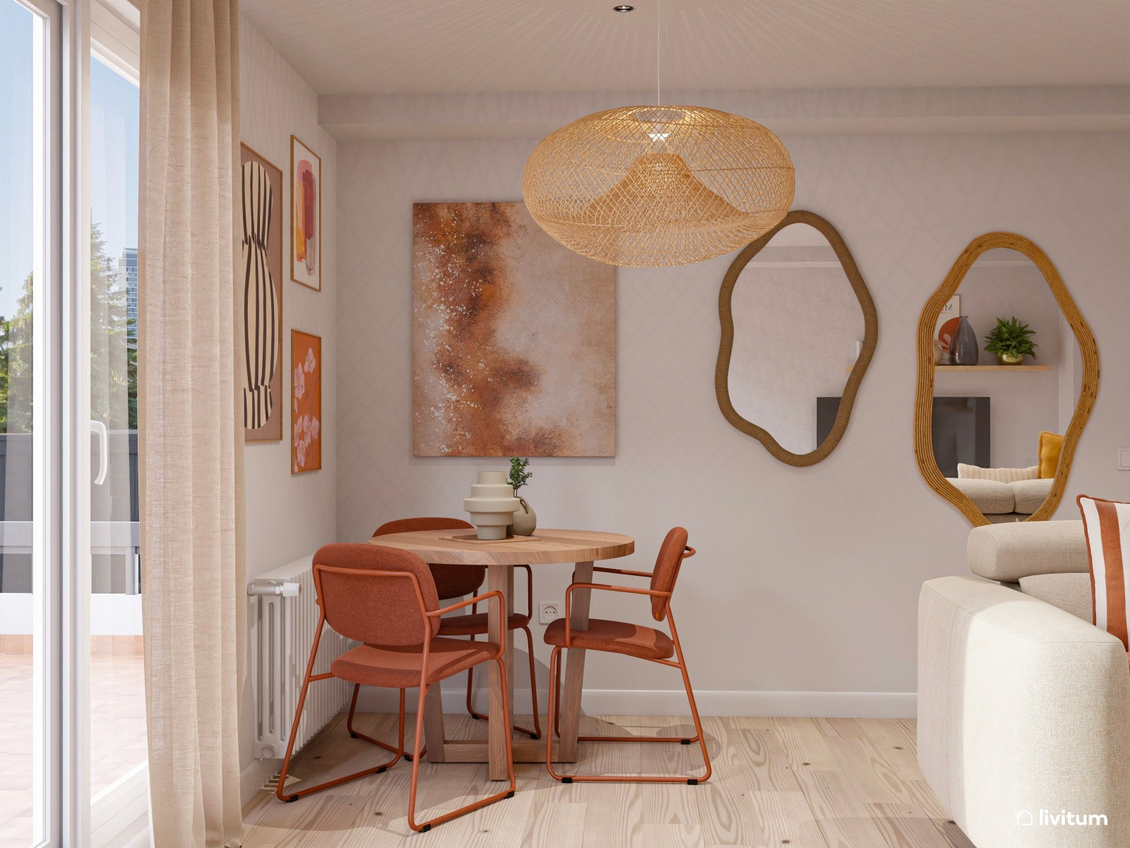 Salón comedor de estilo boho con detalles en color teja