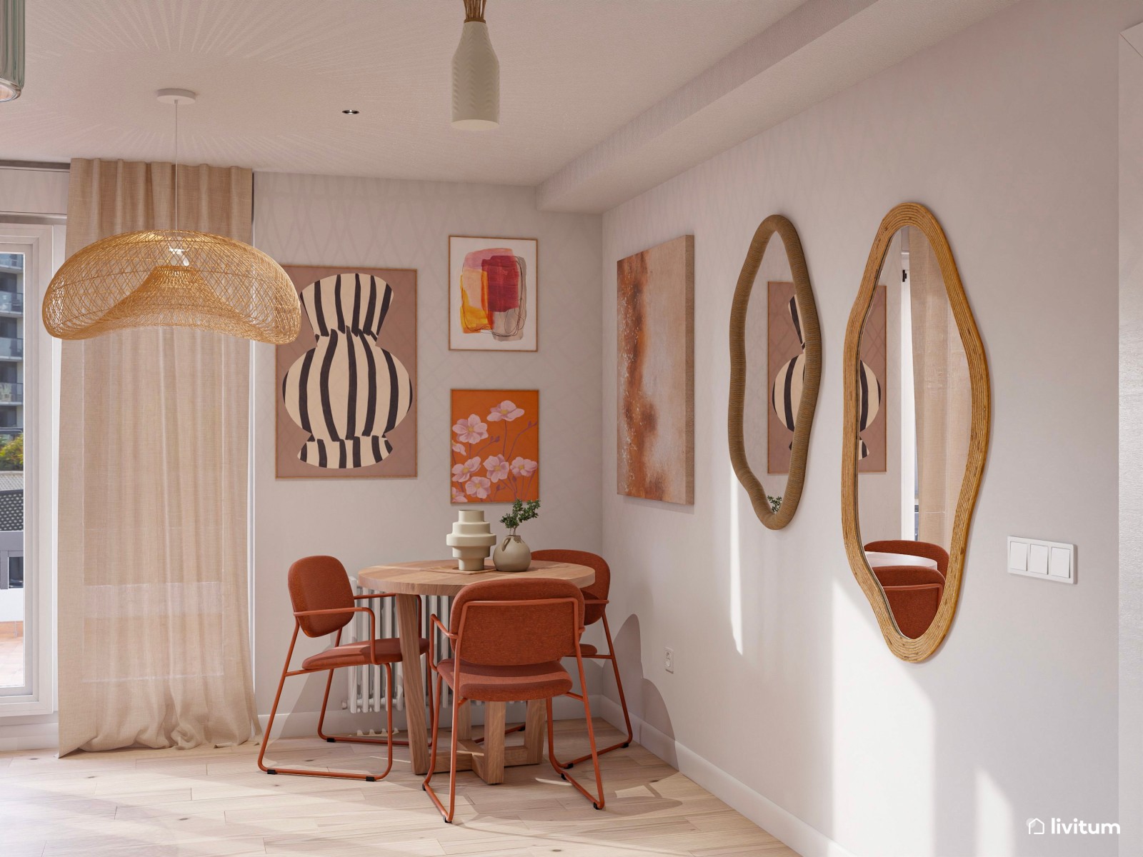 Salón comedor de estilo boho con detalles en color teja
