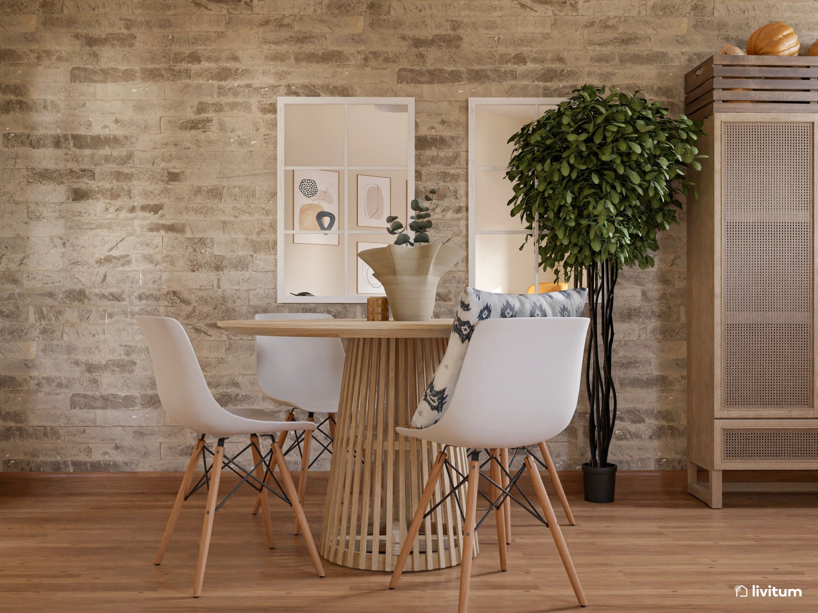 Salón comedor de estilo boho en planta irregular