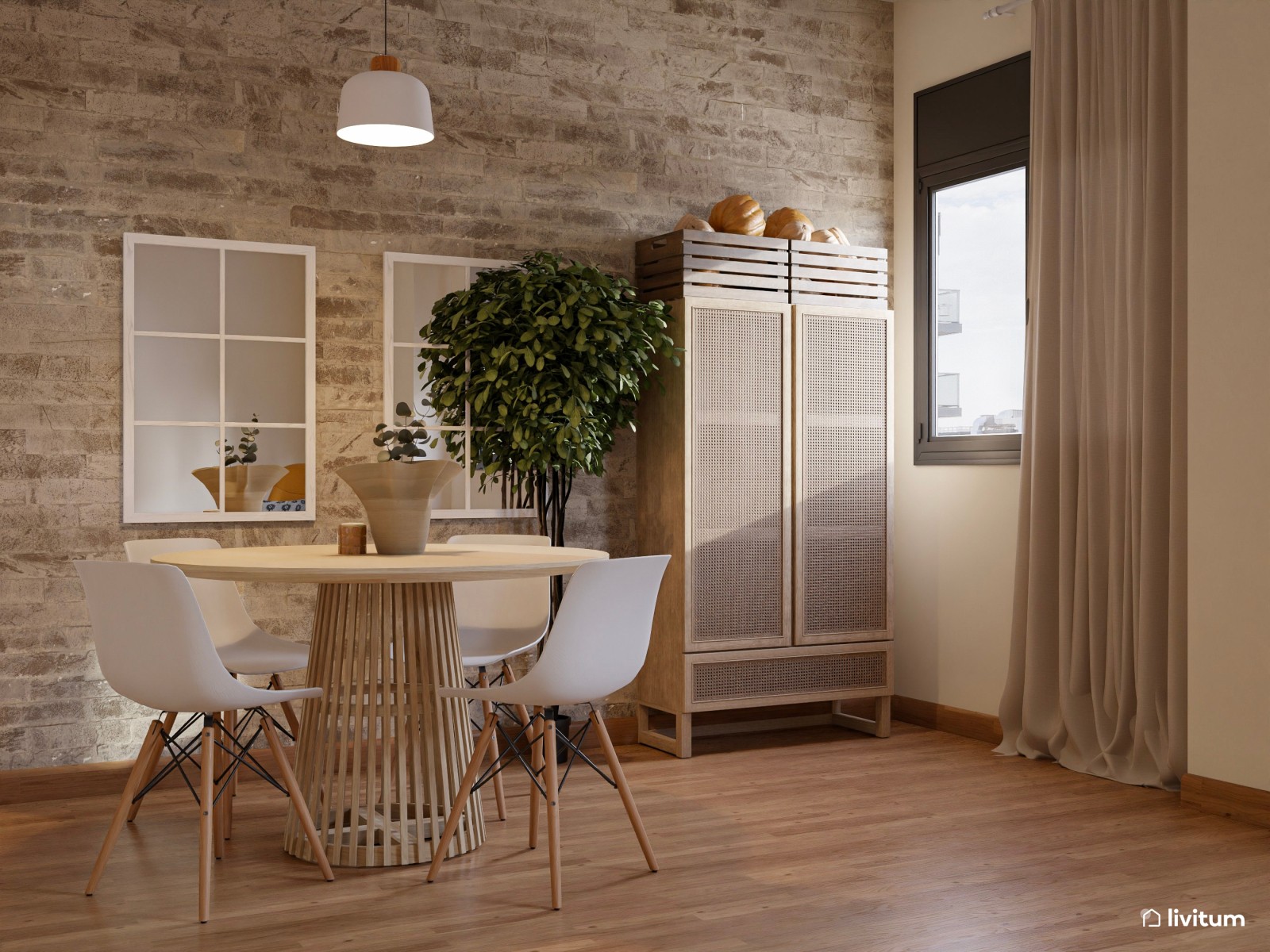 Salón comedor de estilo boho en planta irregular