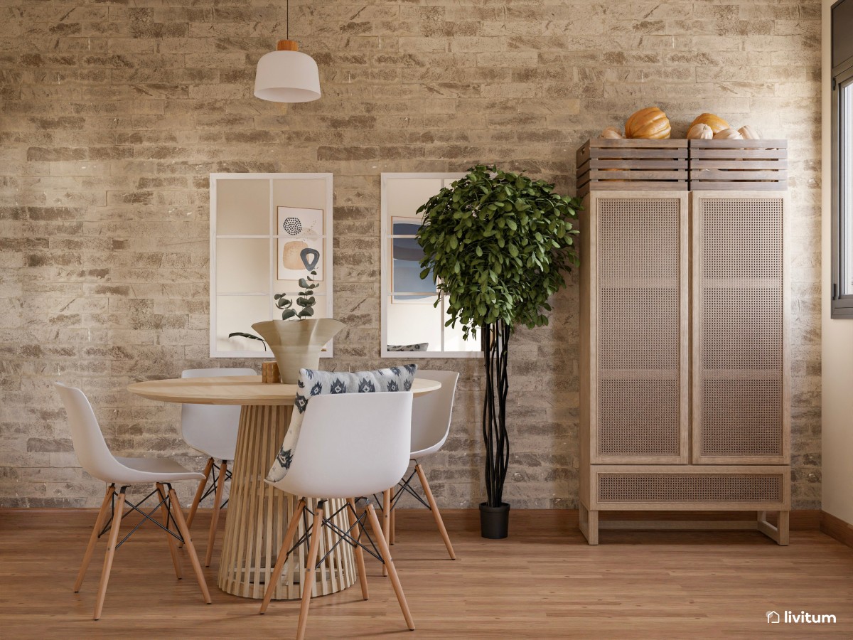 Salón comedor de estilo boho en planta irregular
