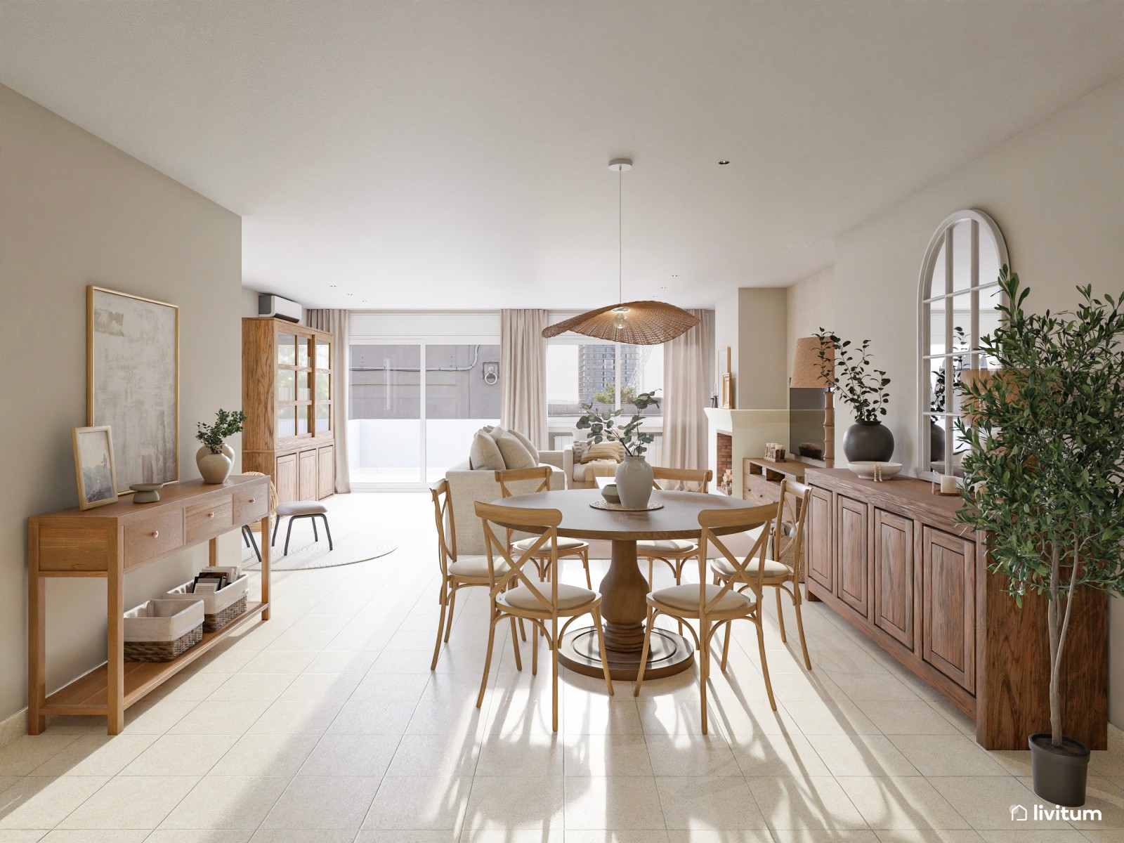 Salón comedor de estilo clásico en tonos tierra con chimenea