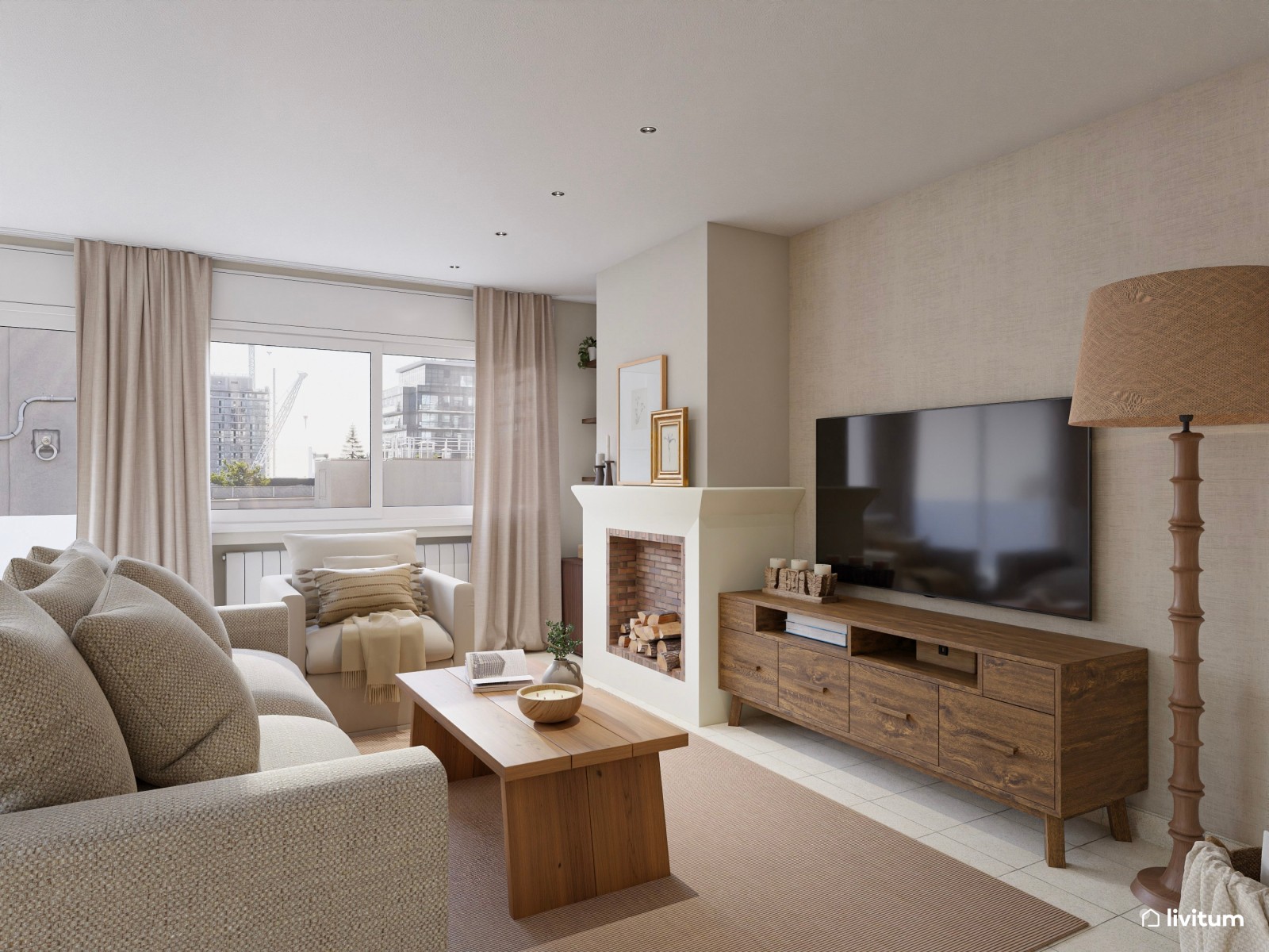 Salón comedor de estilo clásico en tonos tierra con chimenea