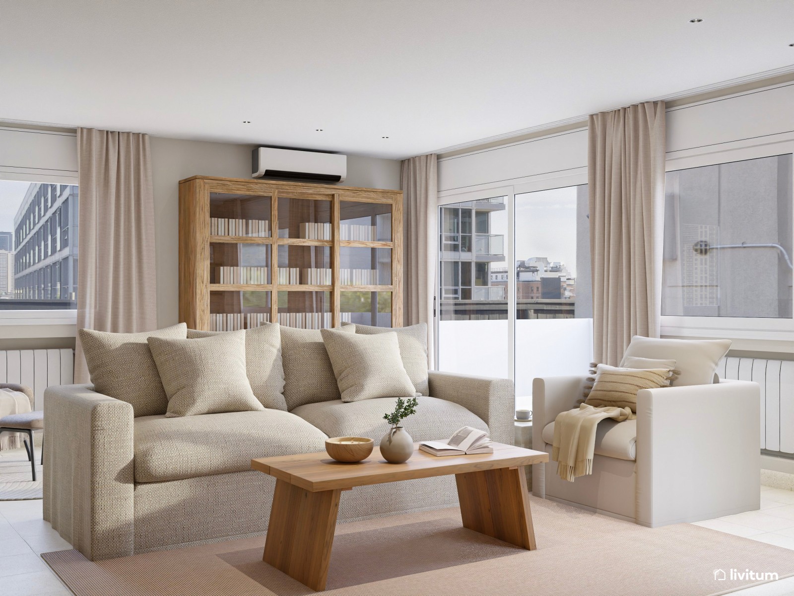 Salón comedor de estilo clásico en tonos tierra con chimenea