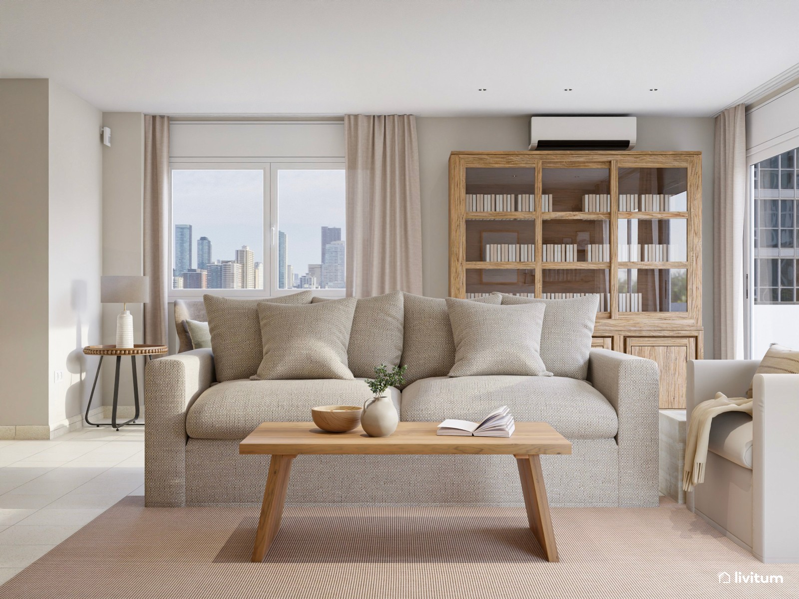 Salón comedor de estilo clásico en tonos tierra con chimenea