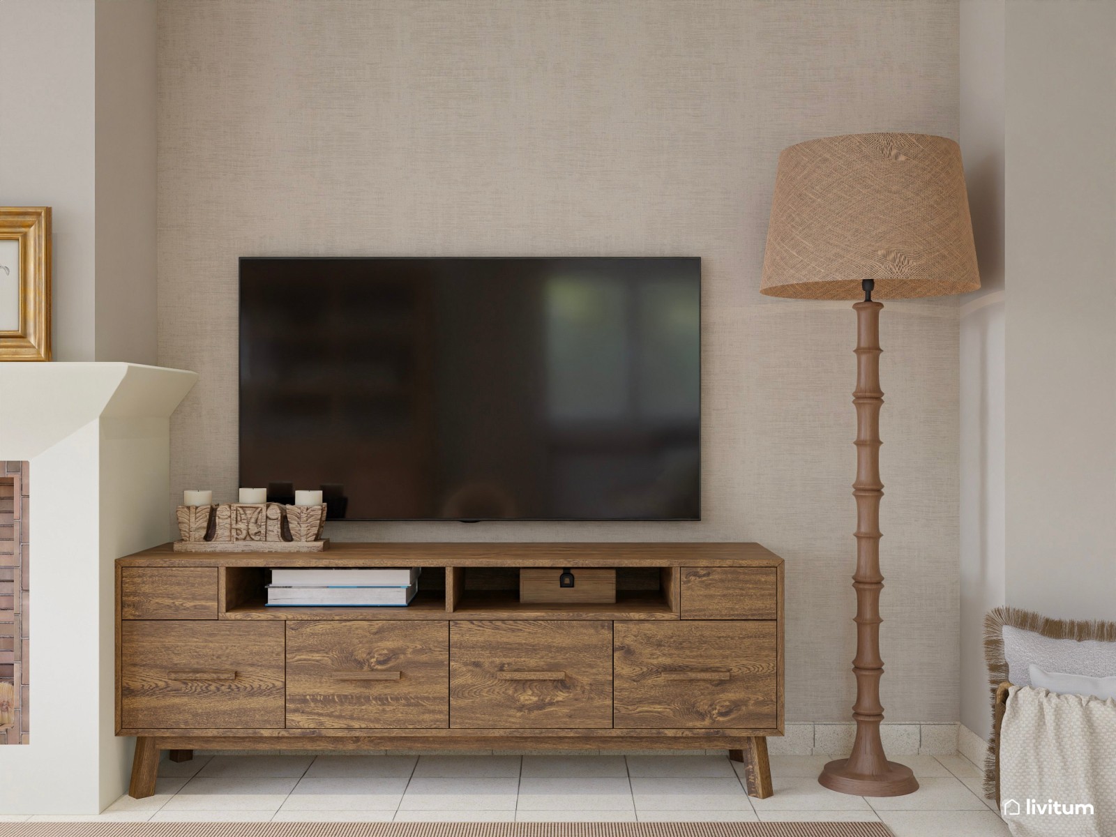 Salón comedor de estilo clásico en tonos tierra con chimenea