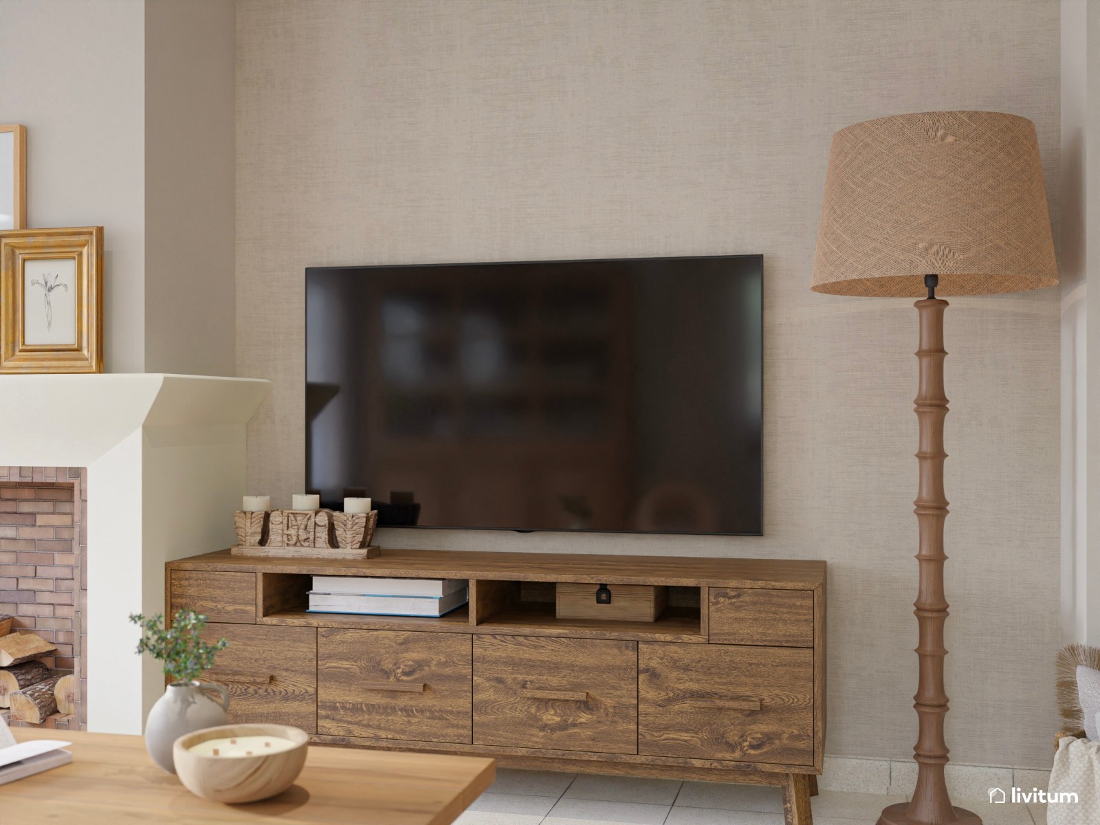 Salón comedor de estilo clásico en tonos tierra con chimenea