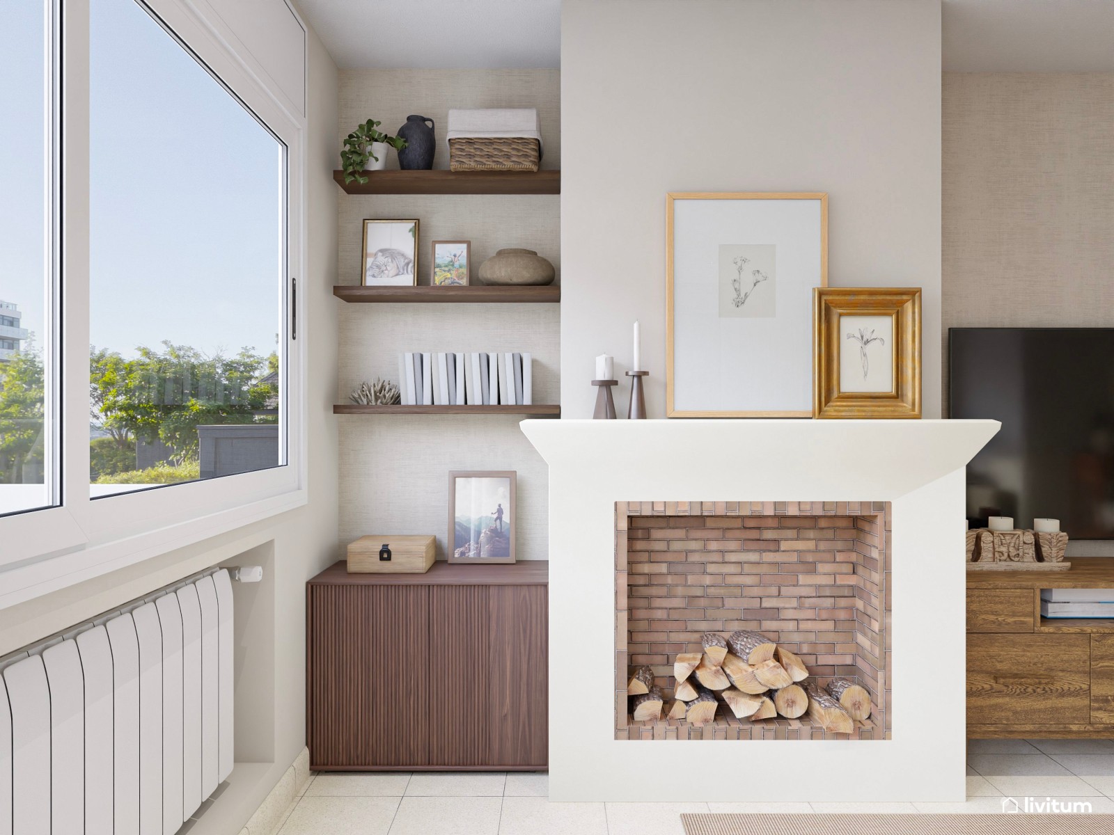 Salón comedor de estilo clásico en tonos tierra con chimenea