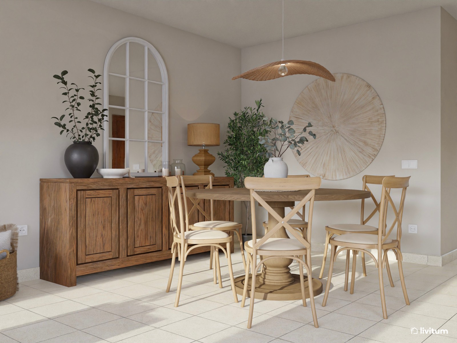 Salón comedor de estilo clásico en tonos tierra con chimenea