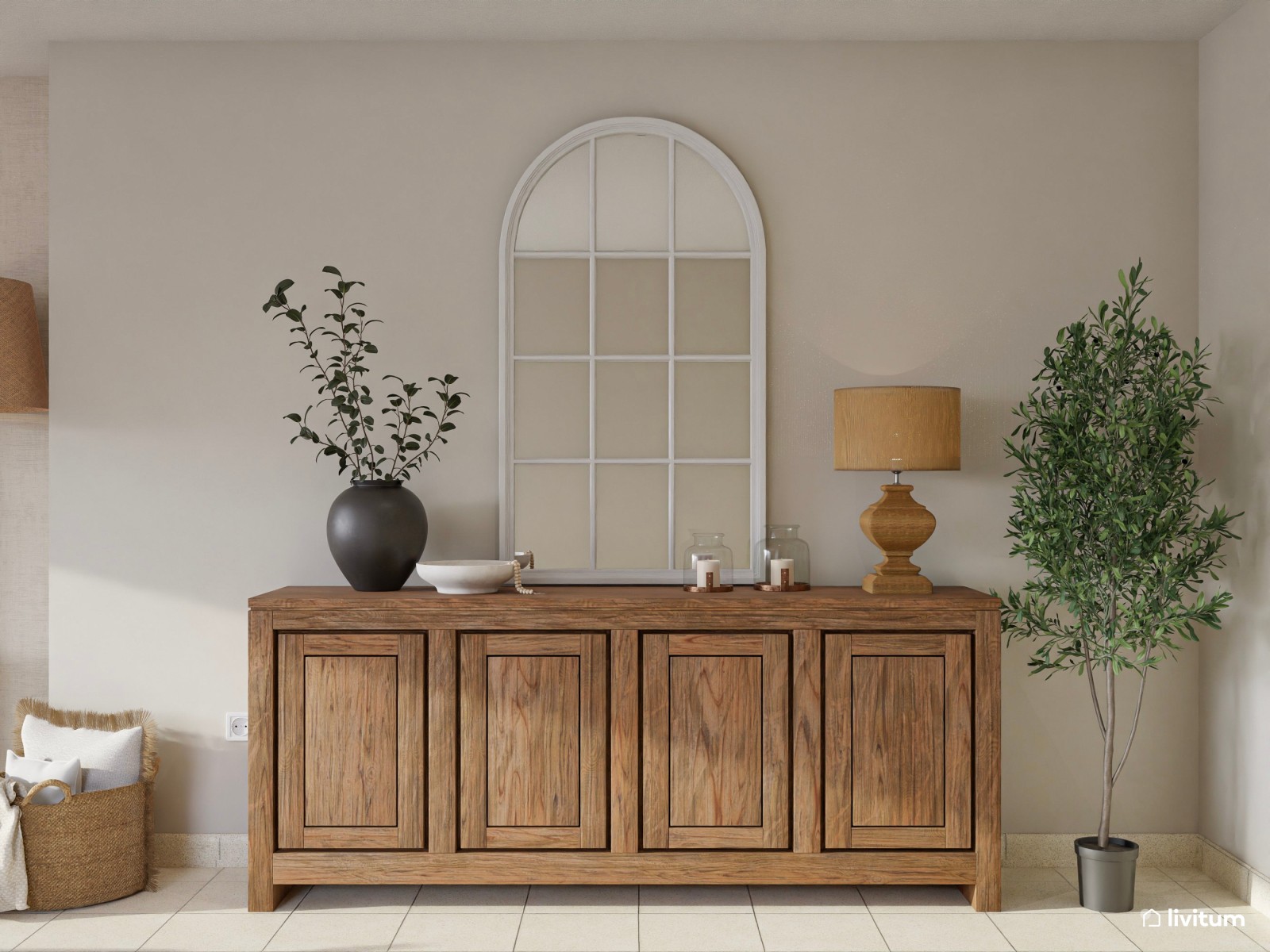 Salón comedor de estilo clásico en tonos tierra con chimenea