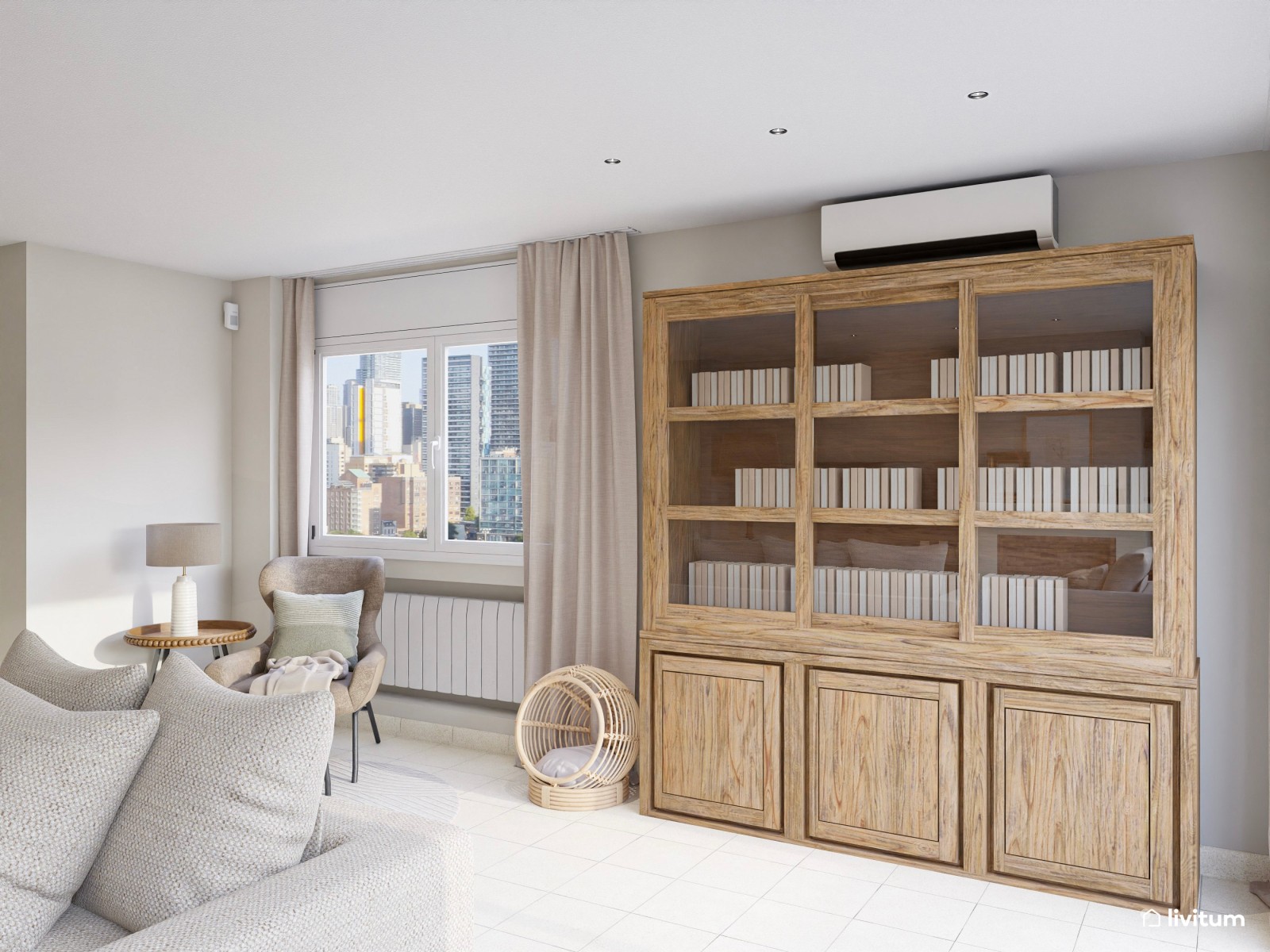 Salón comedor de estilo clásico en tonos tierra con chimenea