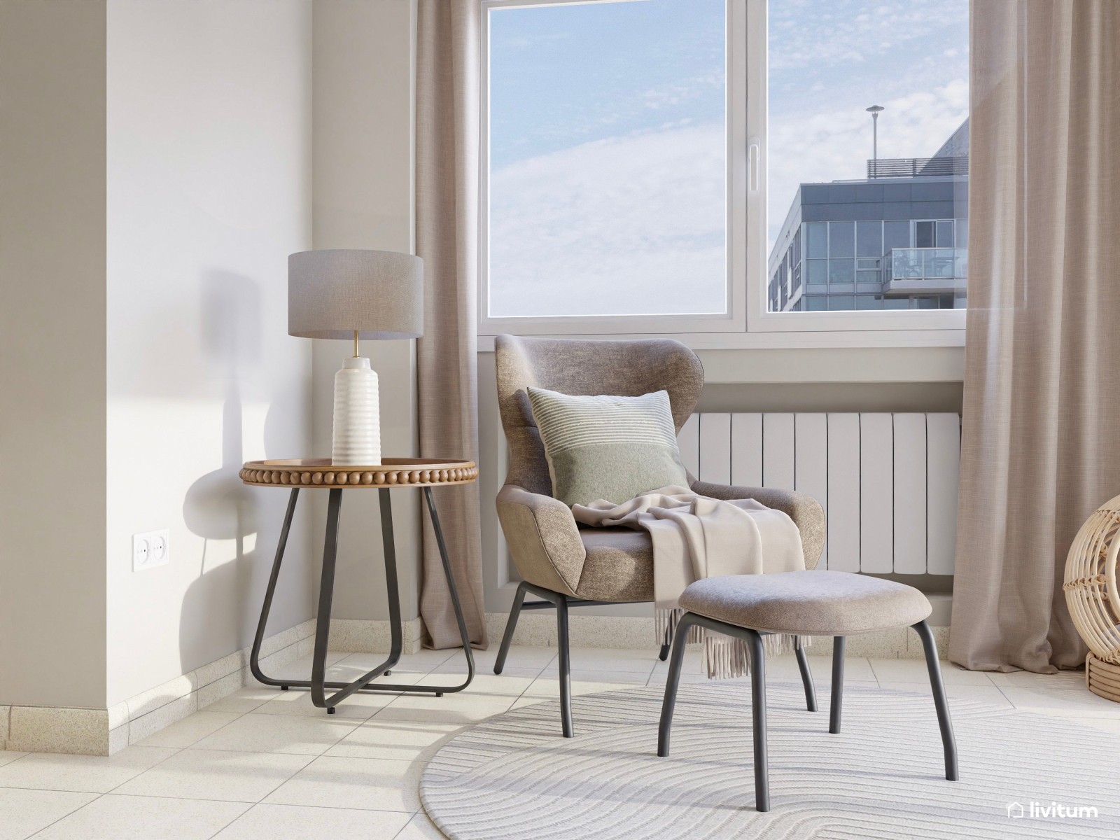 Salón comedor de estilo clásico en tonos tierra con chimenea