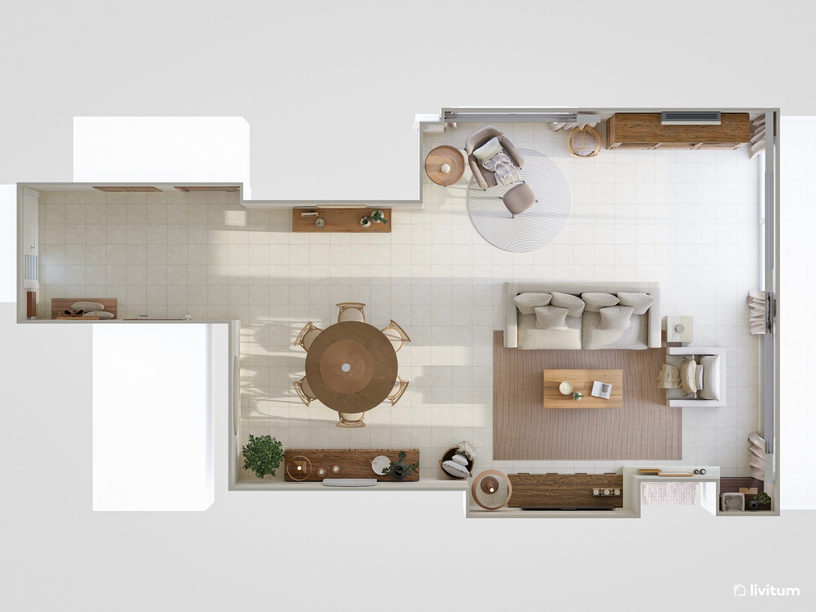 Salón comedor de estilo clásico en tonos tierra con chimenea