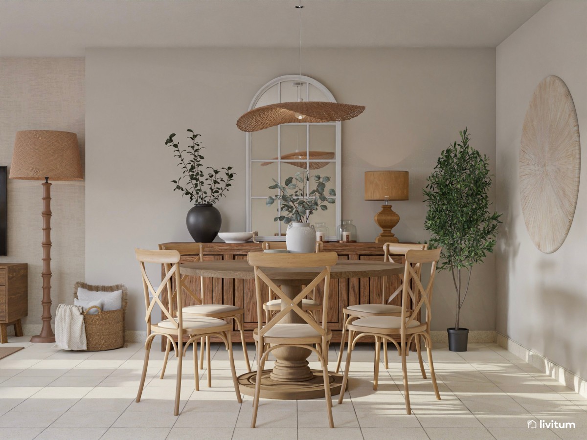 Salón comedor de estilo clásico en tonos tierra con chimenea