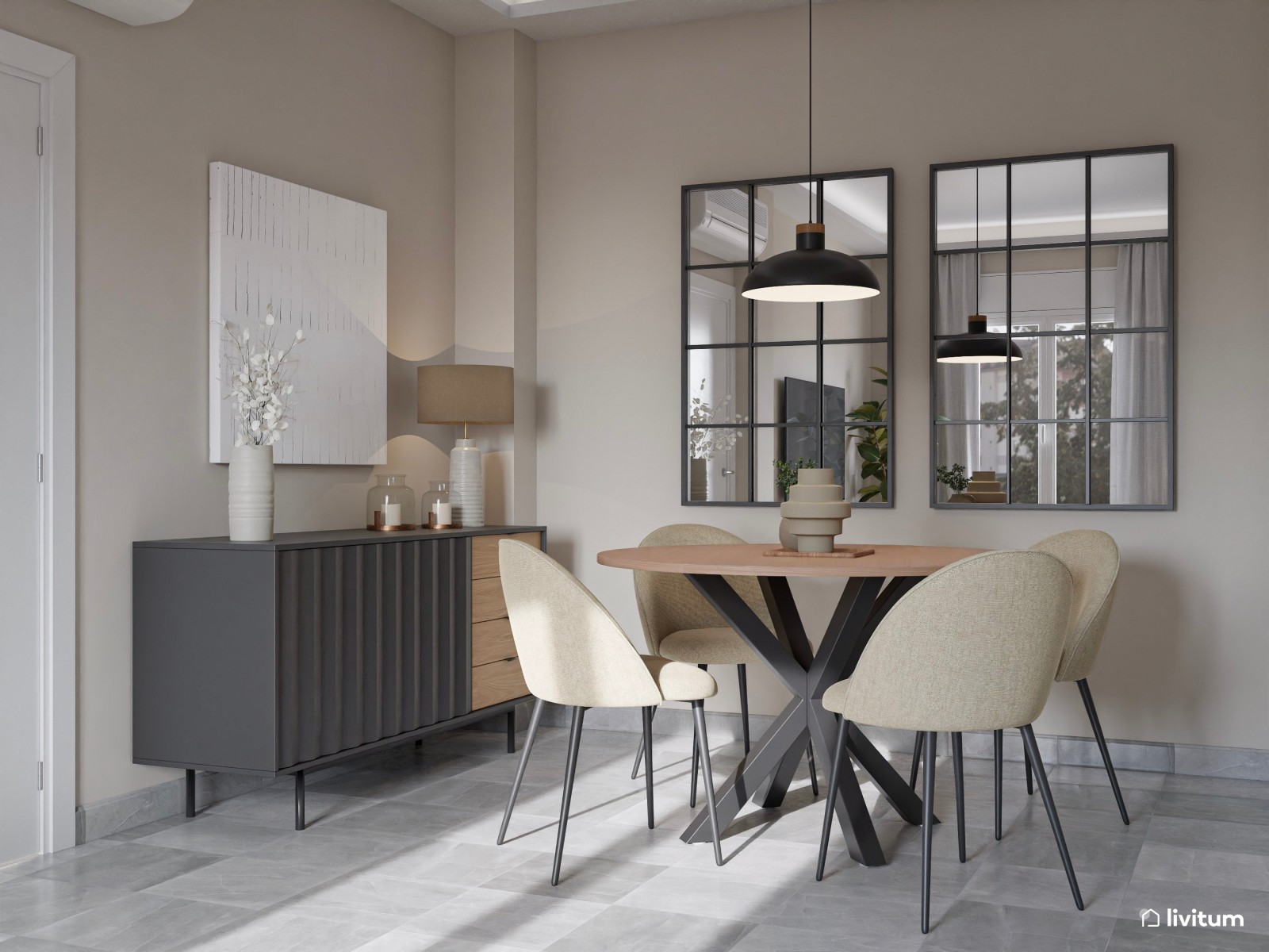 Salón comedor de estilo industrial con detalles negros que elevan su diseño