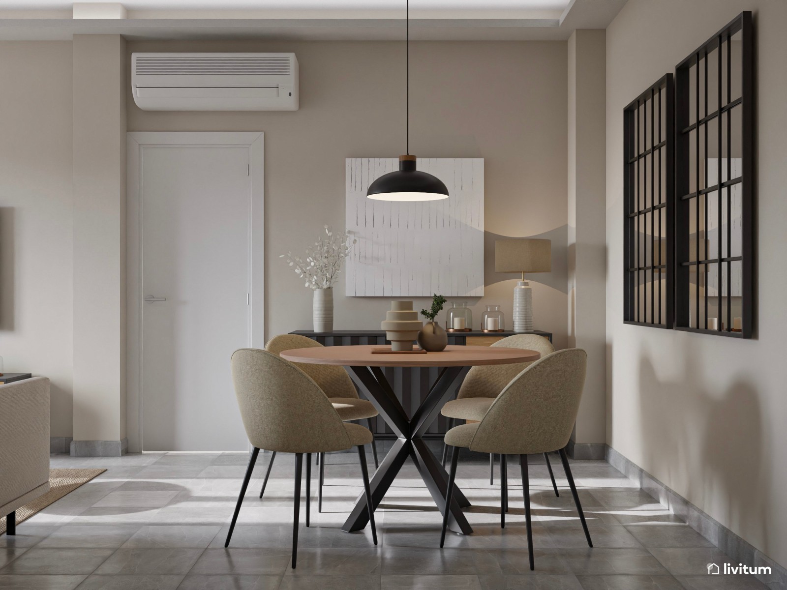 Salón comedor de estilo industrial con detalles negros que elevan su diseño