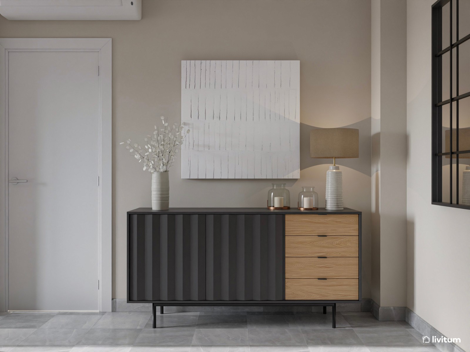 Salón comedor de estilo industrial con detalles negros que elevan su diseño