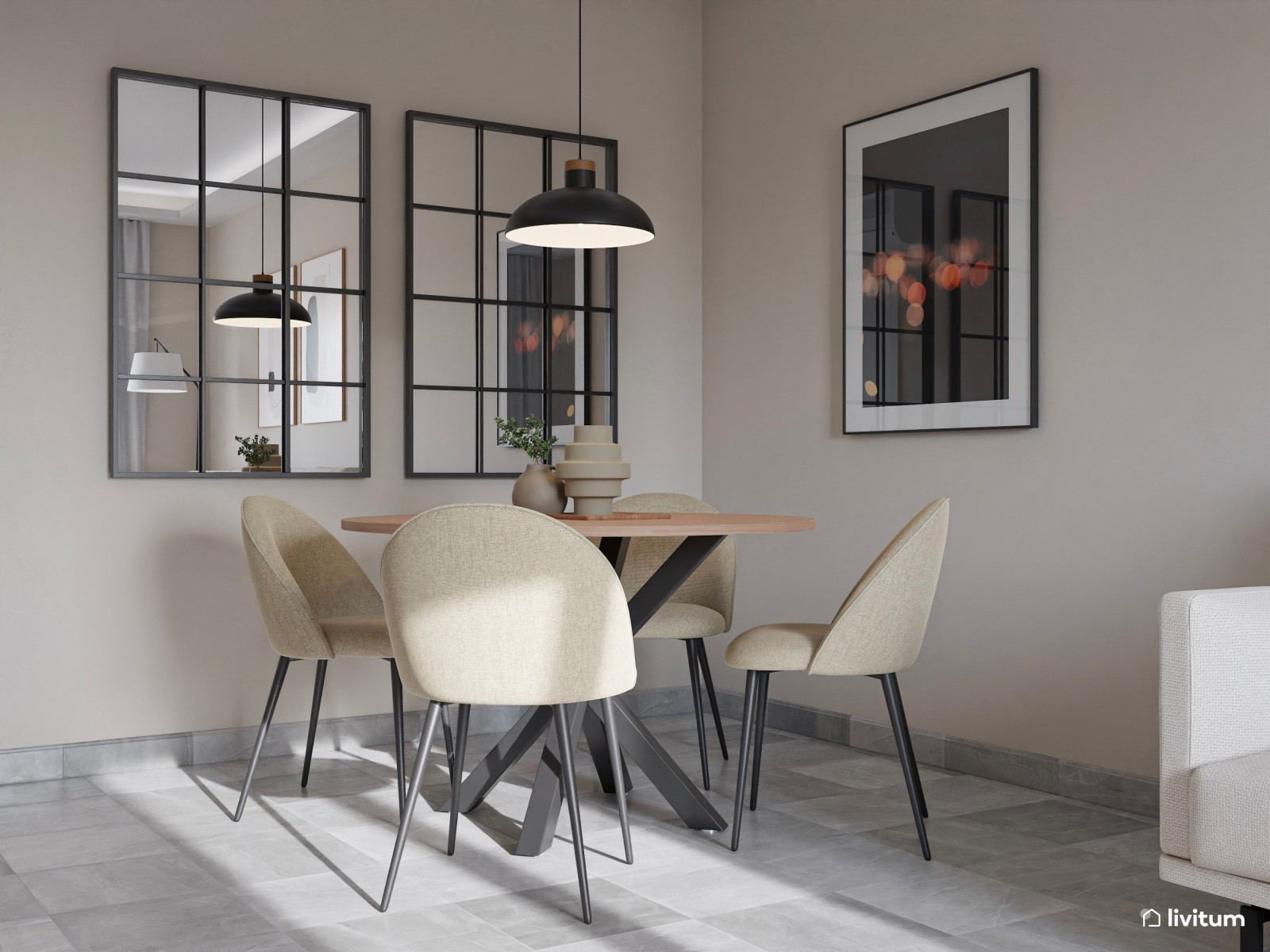 Salón comedor de estilo industrial con detalles negros que elevan su diseño