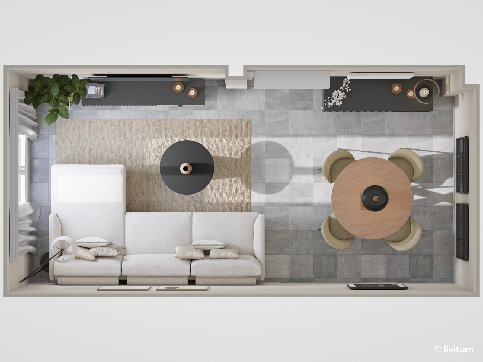 Salón comedor de estilo industrial con detalles negros que elevan su diseño