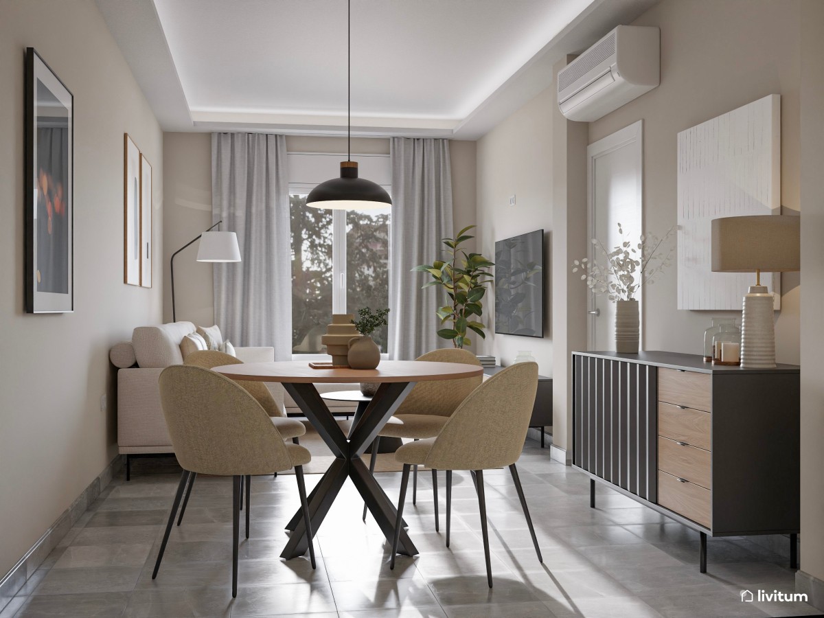 Salón comedor de estilo industrial con detalles negros que elevan su diseño
