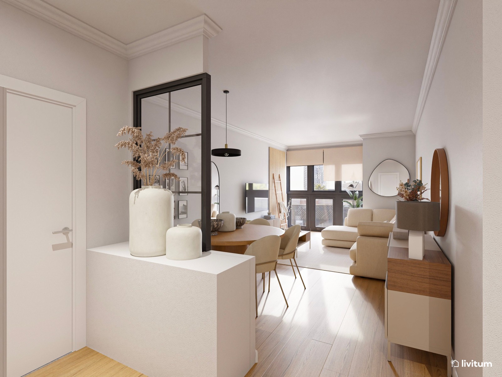 Salón comedor de estilo minimalista cálido con listones de madera