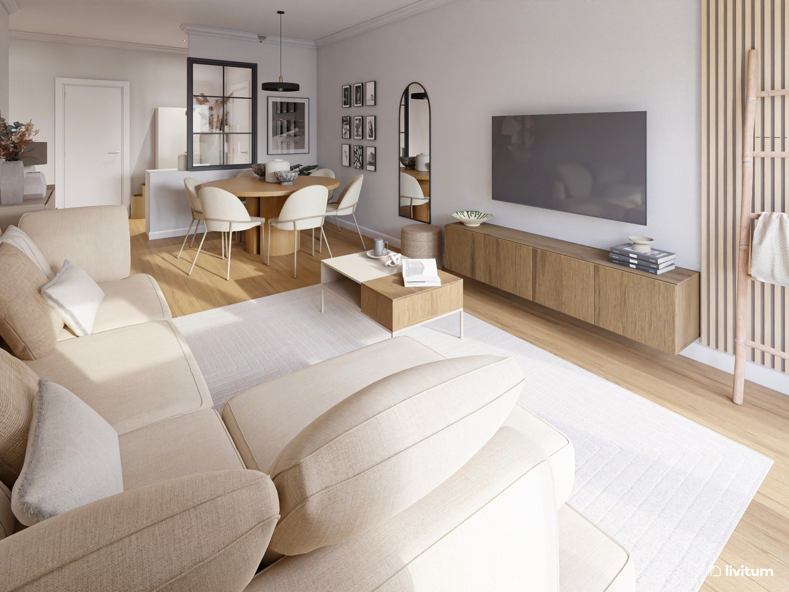 Salón comedor de estilo minimalista cálido con listones de madera