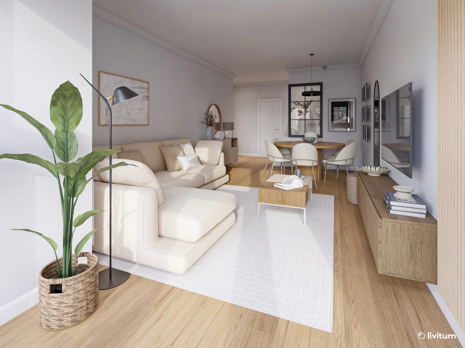 Salón comedor de estilo minimalista cálido con listones de madera