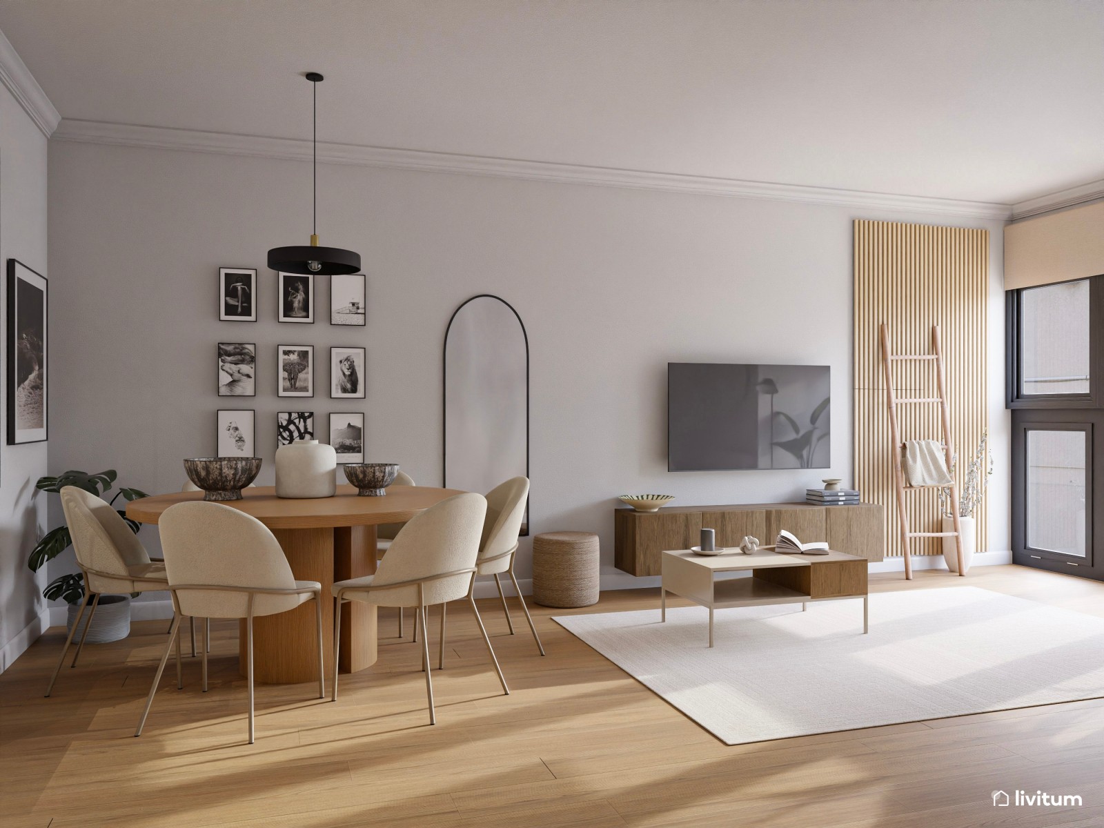 Salón comedor de estilo minimalista cálido con listones de madera