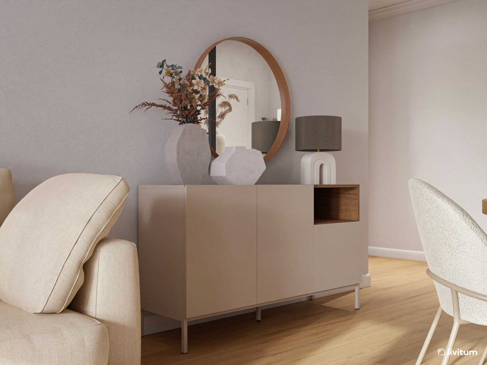 Salón comedor de estilo minimalista cálido con listones de madera