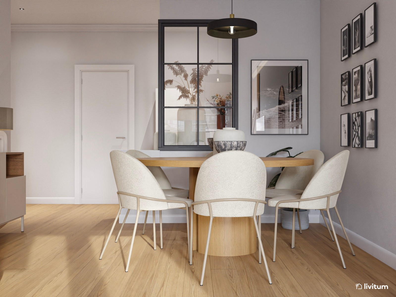 Salón comedor de estilo minimalista cálido con listones de madera