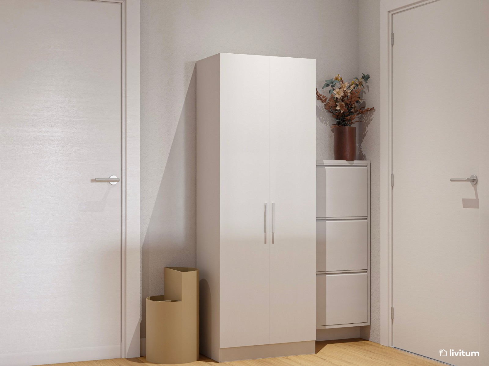 Salón comedor de estilo minimalista cálido con listones de madera