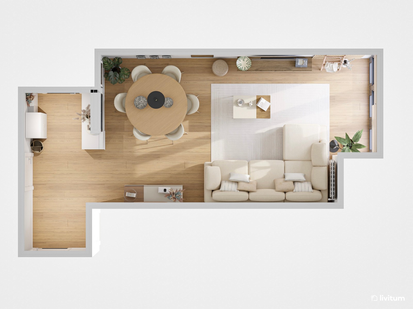 Salón comedor de estilo minimalista cálido con listones de madera