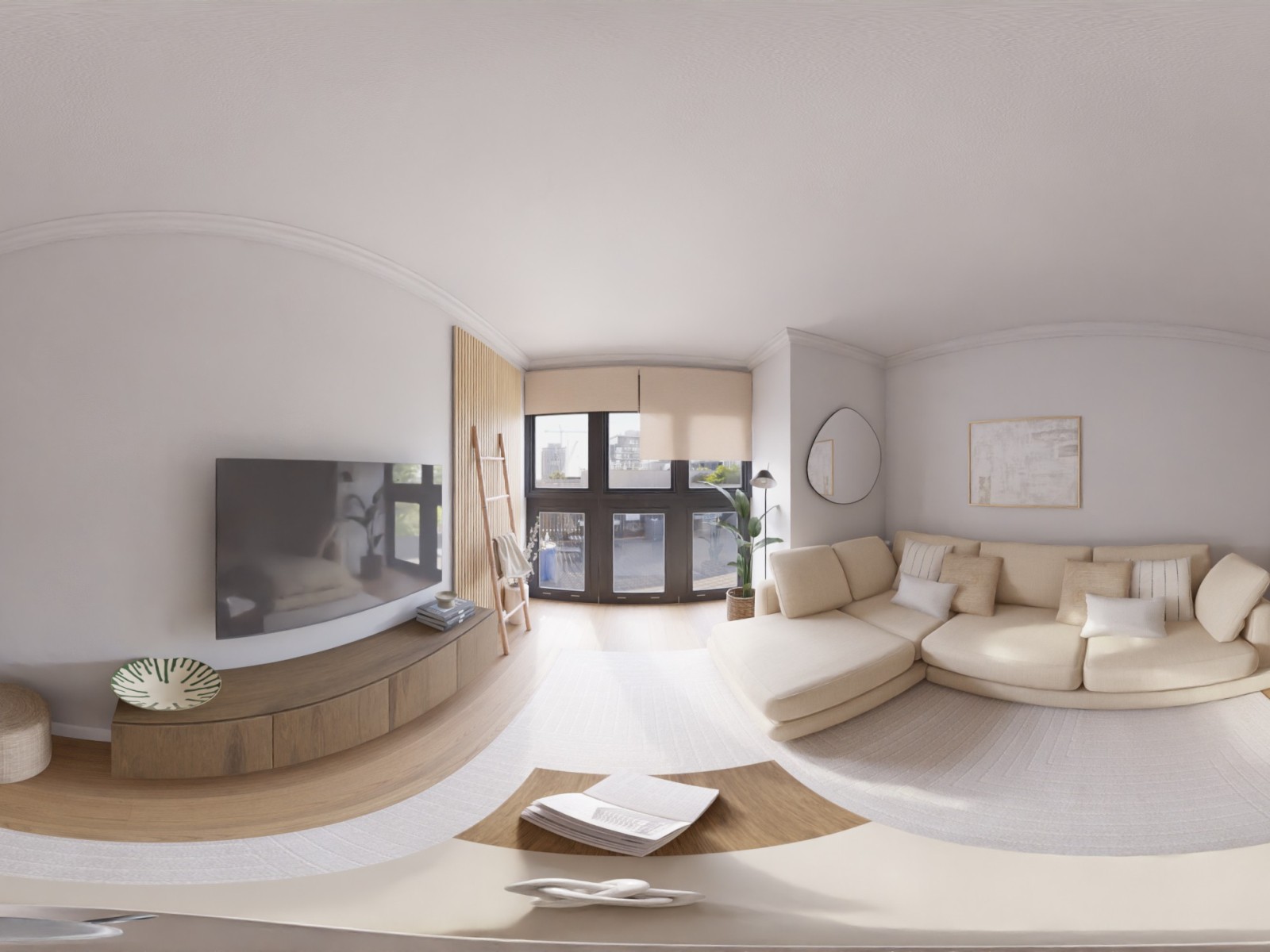 Salón comedor de estilo minimalista cálido con listones de madera