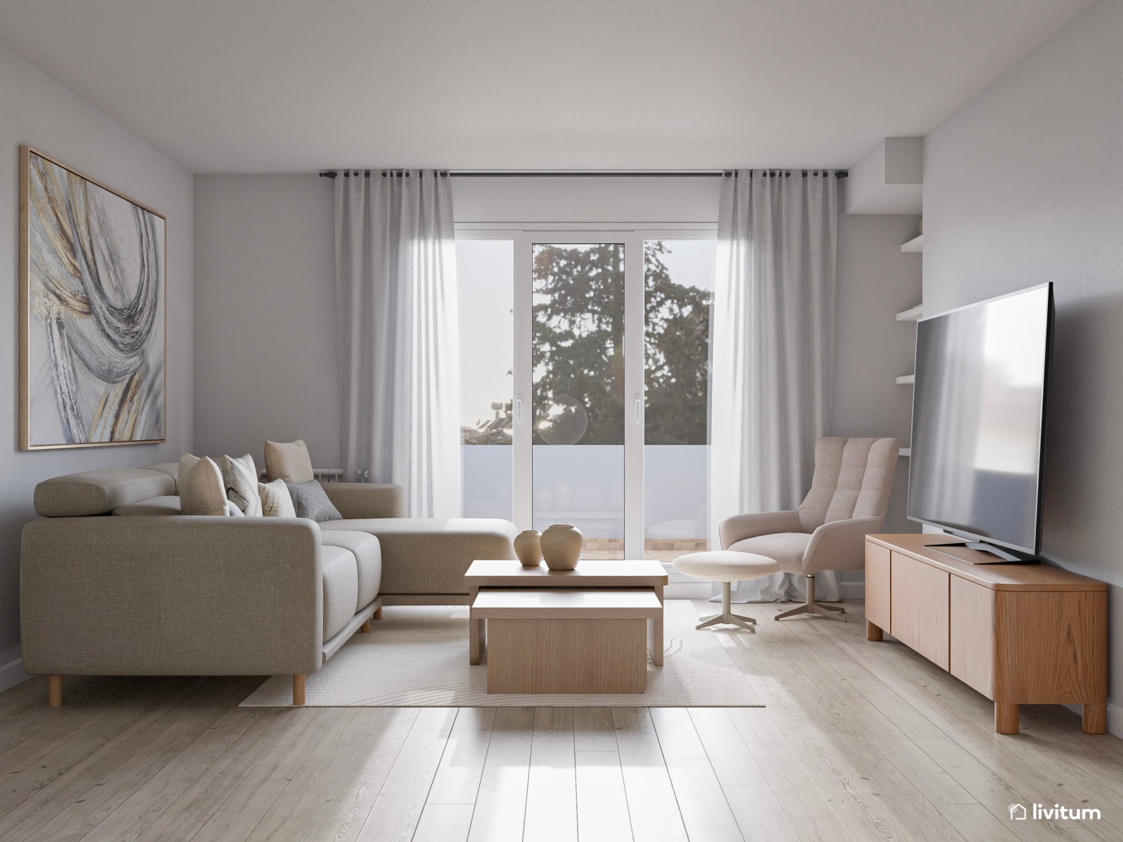 Salón comedor de estilo minimalista cálido en blanco y gris, con detalles en madera