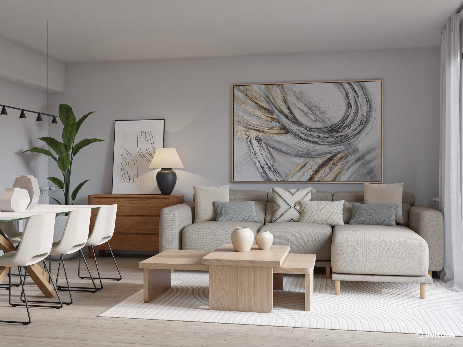 Salón comedor de estilo minimalista cálido en blanco y gris, con detalles en madera