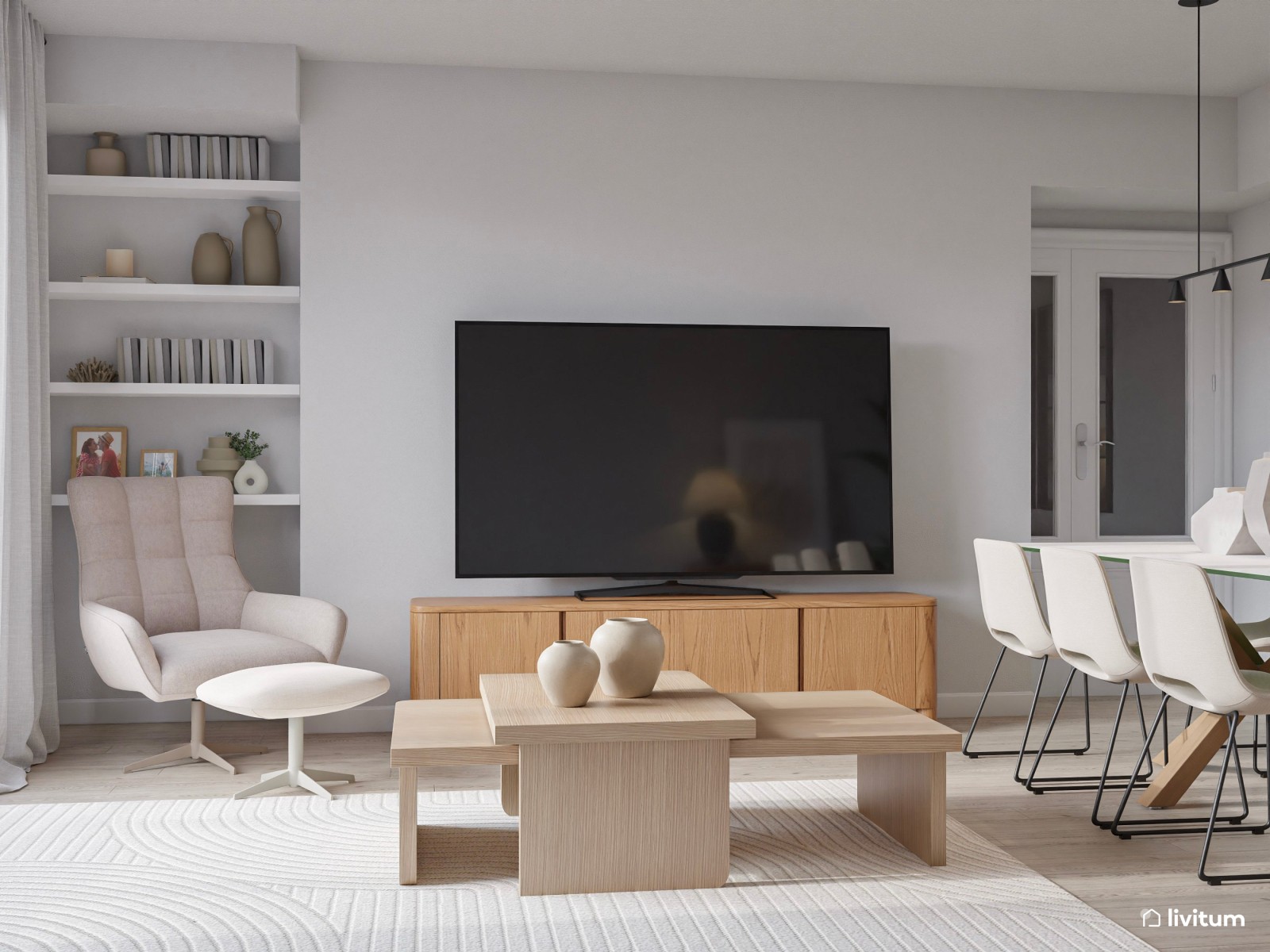 Salón comedor de estilo minimalista cálido en blanco y gris, con detalles en madera