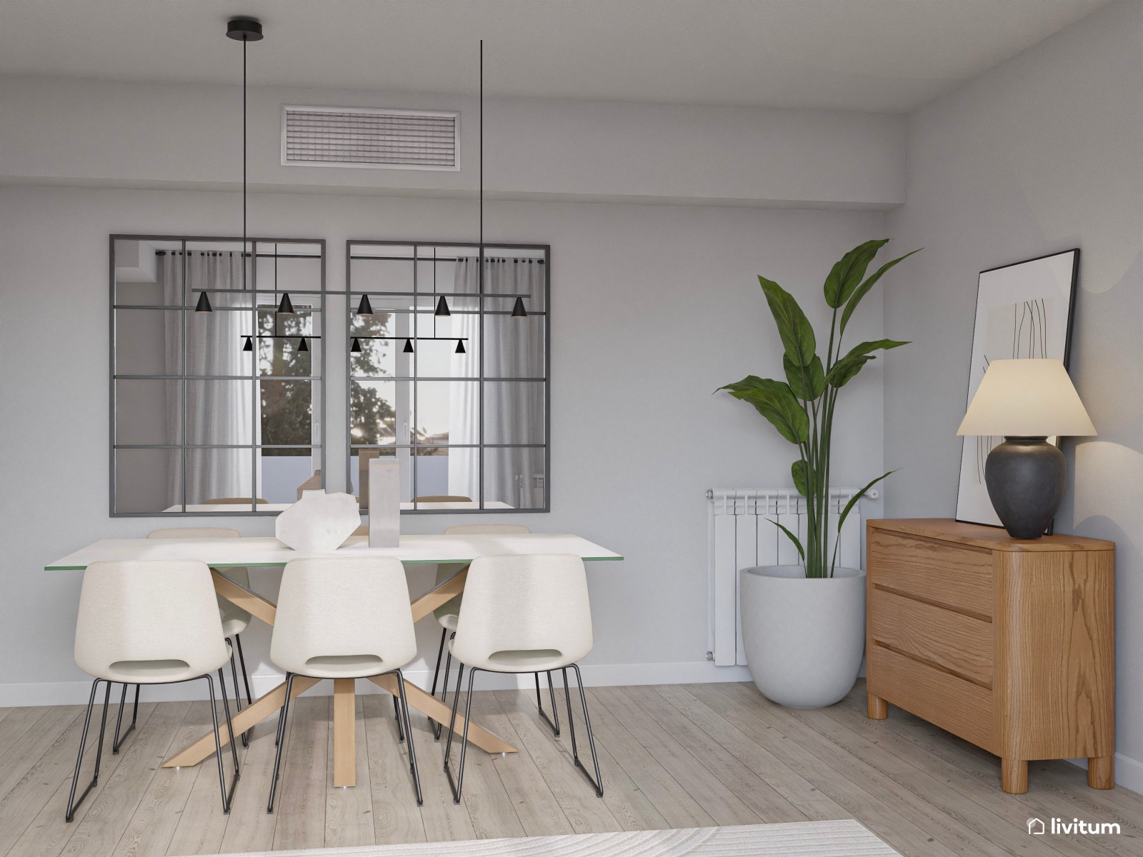 Salón comedor de estilo minimalista cálido en blanco y gris, con detalles en madera