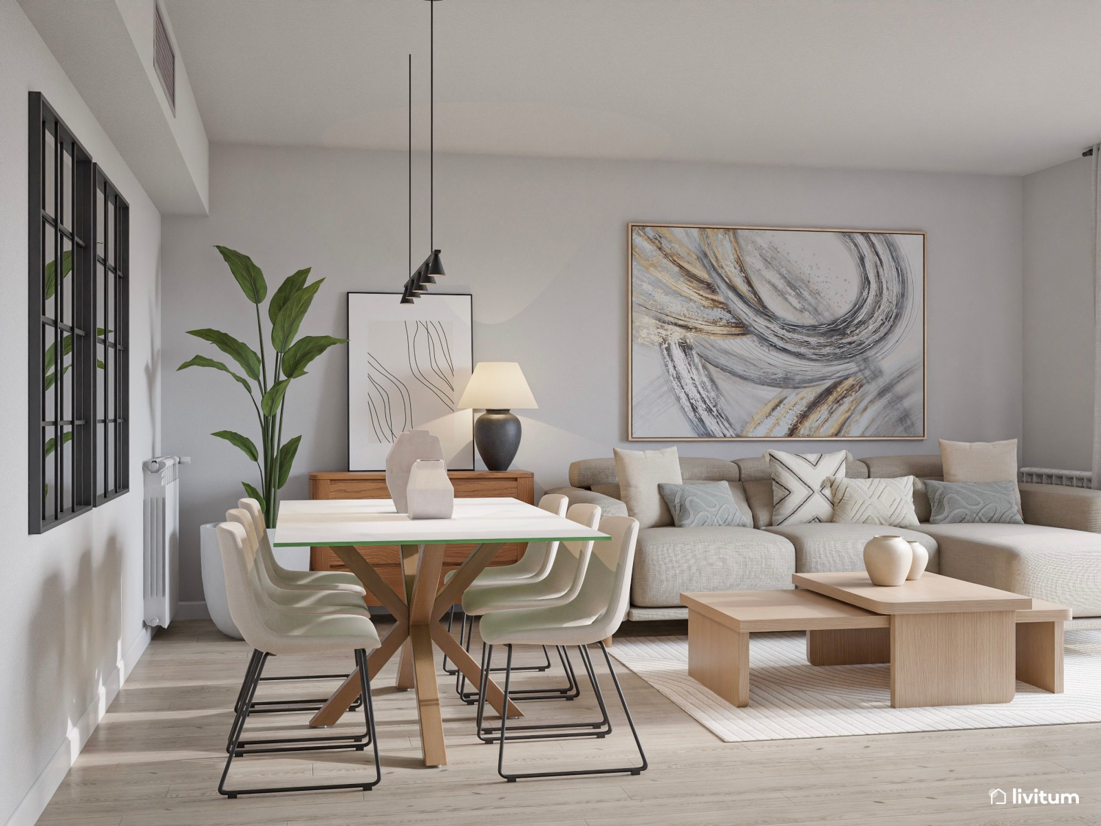Salón comedor de estilo minimalista cálido en blanco y gris, con detalles en madera